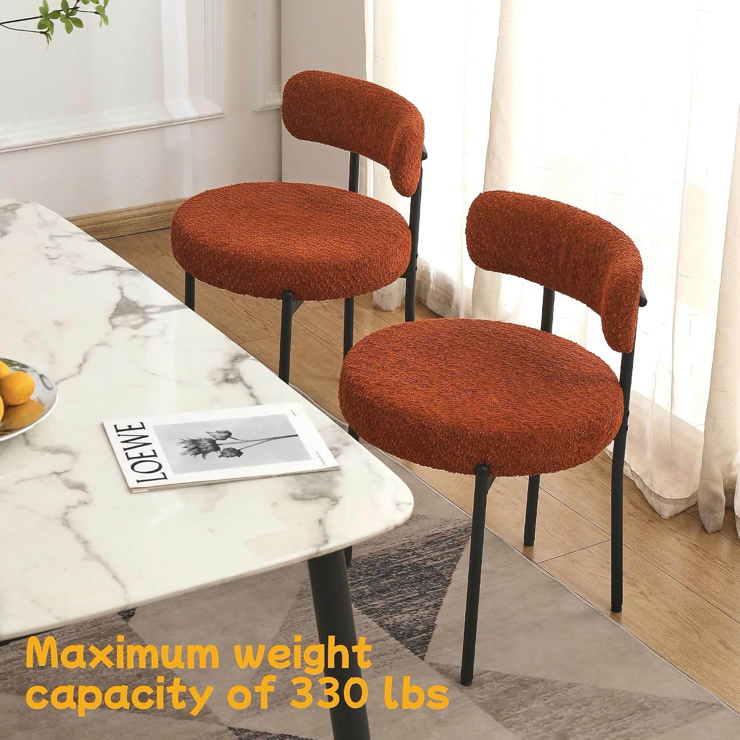 EDWELL Orange Dining Chairs Set of 2, Upholstered Dining Room Chairs, Curved Backrest Boucle Dining Chair for Kitchen, Living Room, Mid-Century Modern Kitchen Chairs with Black Metal Legs