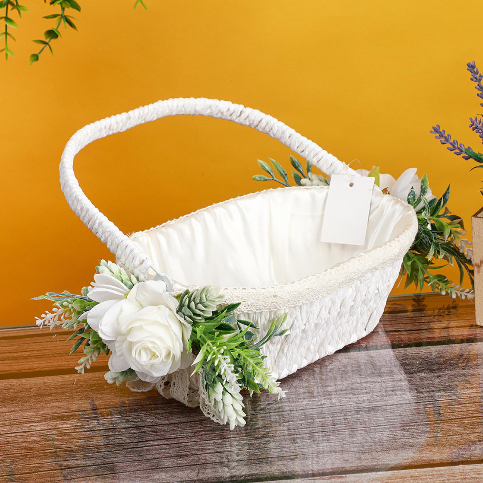 Cesto per Damigella di Fiori, Cestini Bianchi con Fiocco e Manico Pieghevole per Matrimoni e Pasqua