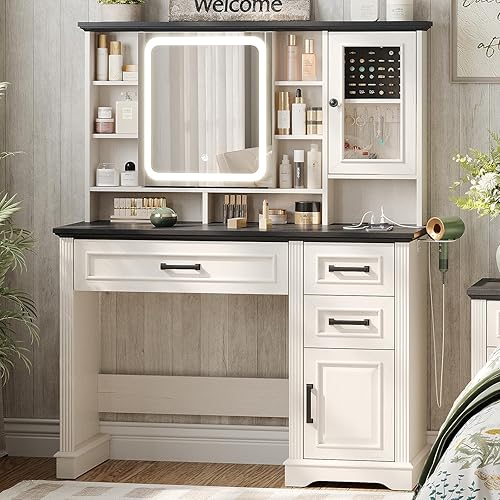 Escritorio de tocador con espejo y luces, 41.7 pulgadas de ancho x 15.8 pulgadas de profundidad x 54.8 pulgadas de alto, mesa grande de tocador de