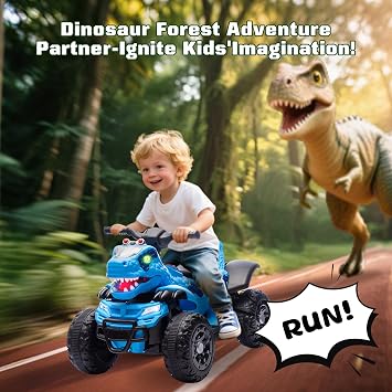 Electric Ride On Dinosaur ATV for Kids Age 3,12V Kids Electric Car with 4 Wheelers Ride On Toy with Music,Bluetooth & LED Lights,Birthday Gift for Unisex Child and Toddler (Blue)