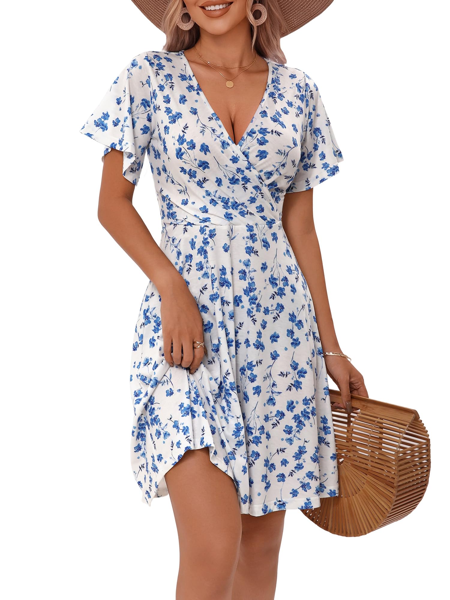 FENSACE Womens Sundress Summer Floral Short Sleeve Wrap V Neck A-Line Midi Dress - Medium - White Blue Floral-133