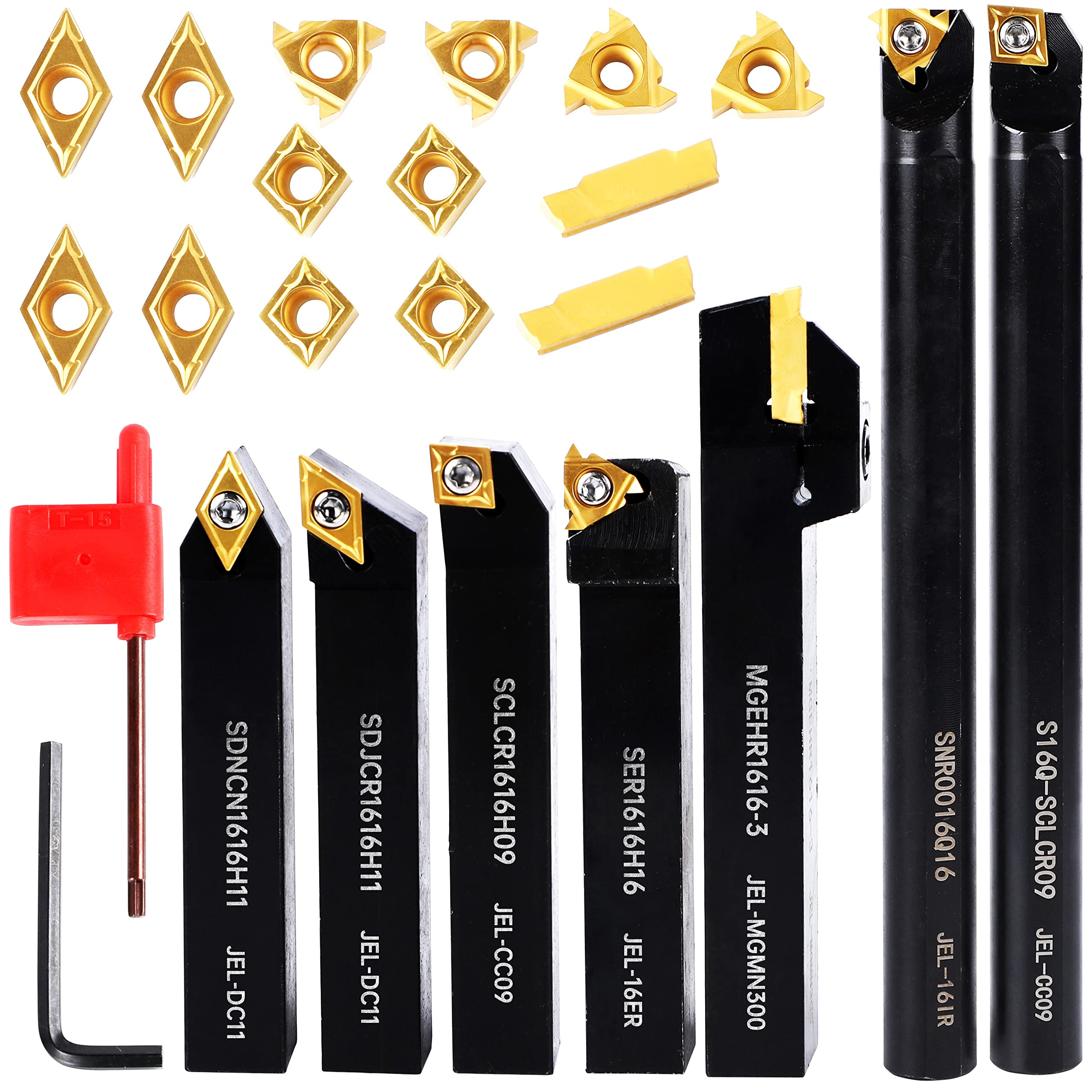 Lathe Threading-Tool Bit Set 21pcs - 7pcs 1/2" Turning Holder Boring Bars / 14pcs Indexable Carbide Inserts Golden CCMT060204 DCMT070204 11IR 16ER MGMN200-G For Cutting Tool