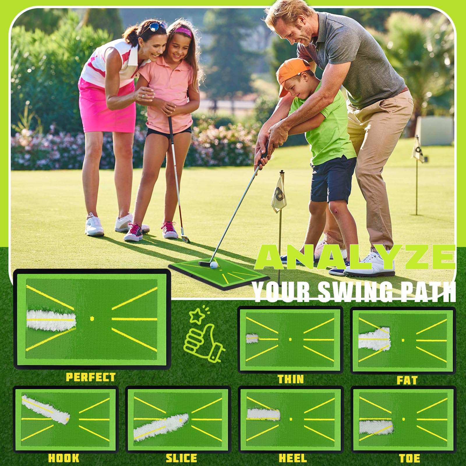 Golf Abschlagmatte Golfmatte mit 1 Austauschbar Golf Trainingshilfen Mat für Schlagbahn-Analyse, Rutschfester Gummibasis, Indoor & Outdoor Golfanfänger, 42,5x27 cm