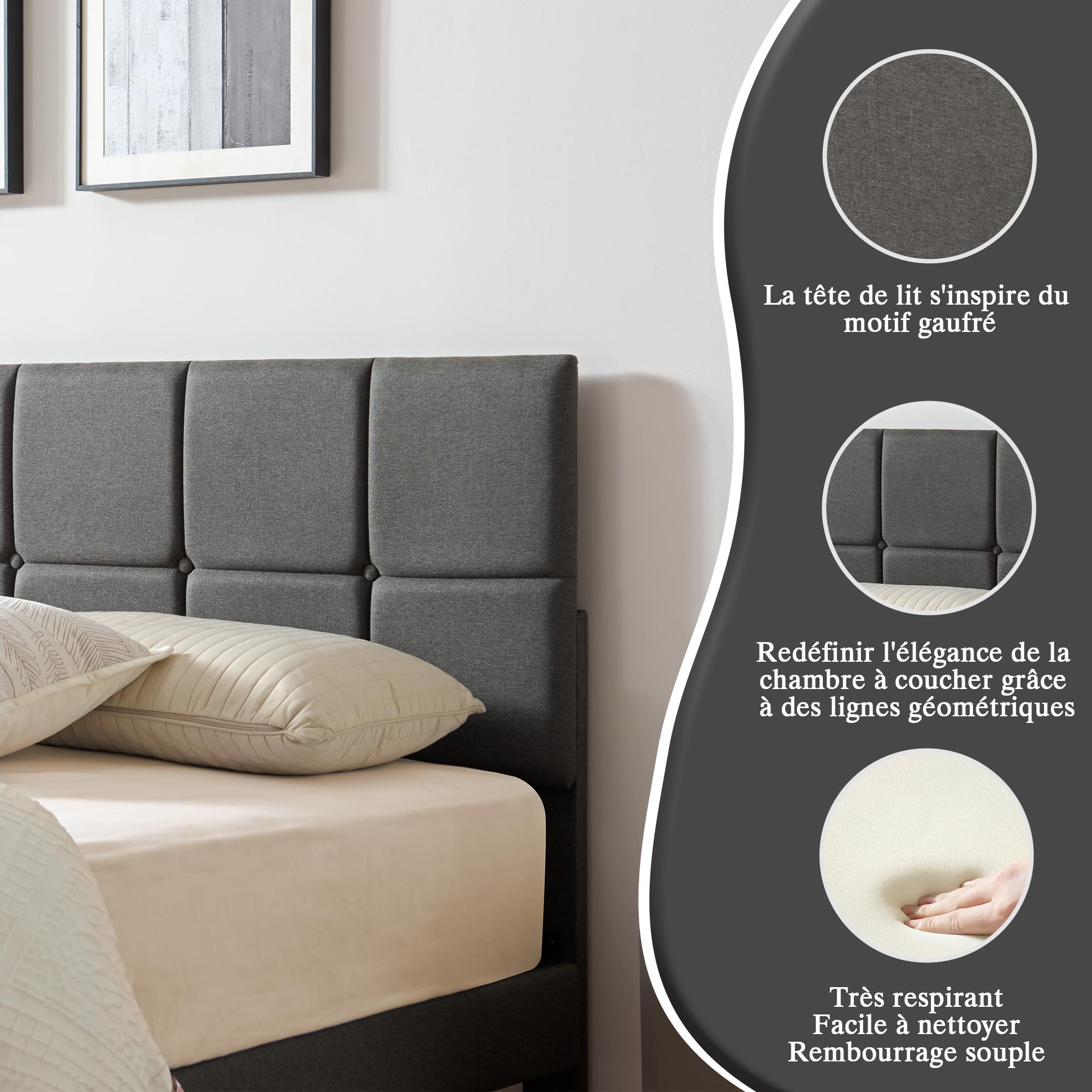 Z-hom Sommier 160x200 cm avec Lattes en Bois, Cadre & Tête de Lit 2 Personnes Tapissier, Montage Facile, Hauteur : 32 cm - Gris Foncé
