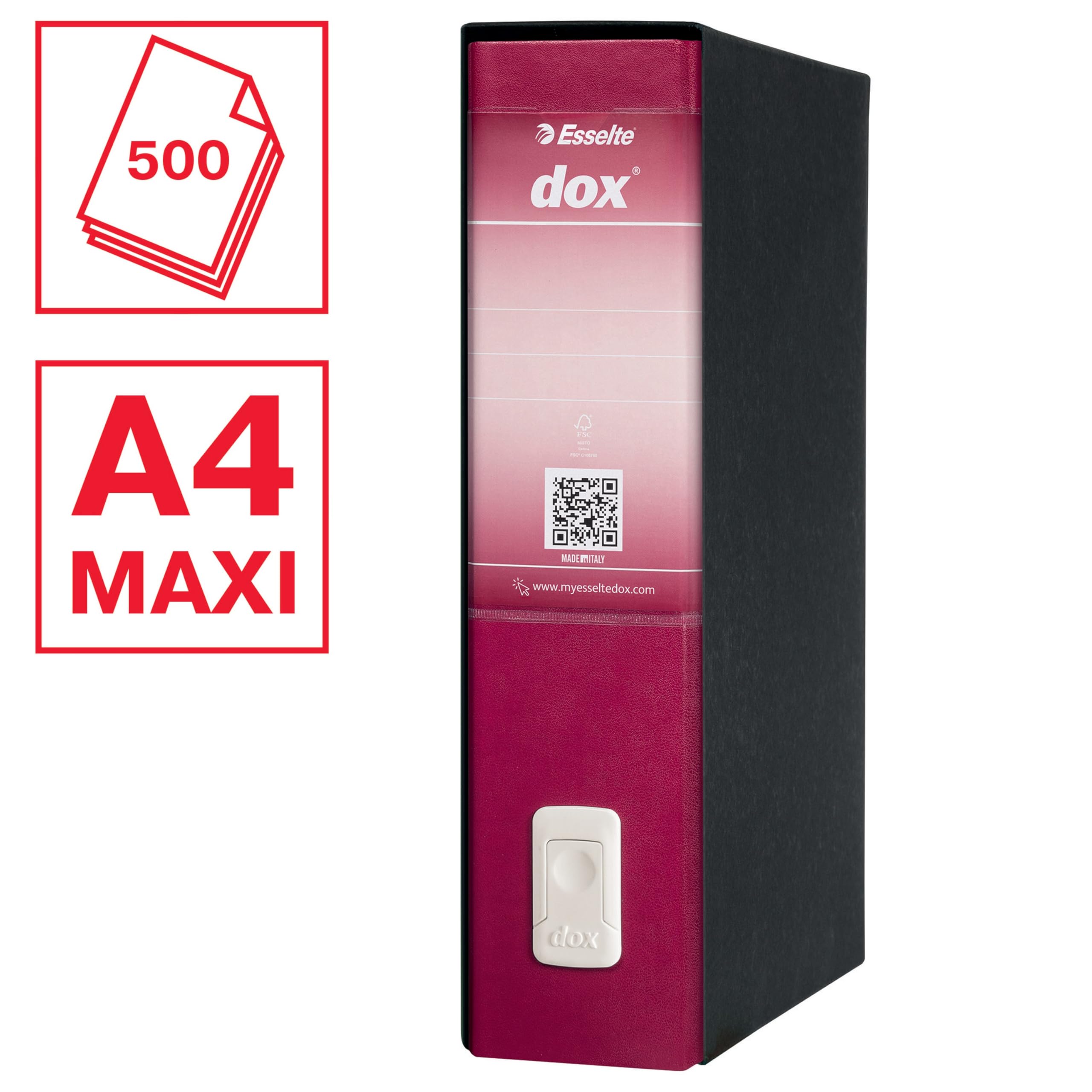 Esselte DOX 2 - 6 Registratori con custodia A4 e meccanismo a leva, Raccoglitori con leva formato Protocollo (23x33cm) con Dorso da 8 cm, Bordeaux, 85 x 352 x 288 mm, Conf.da 6 pezzi, D26205