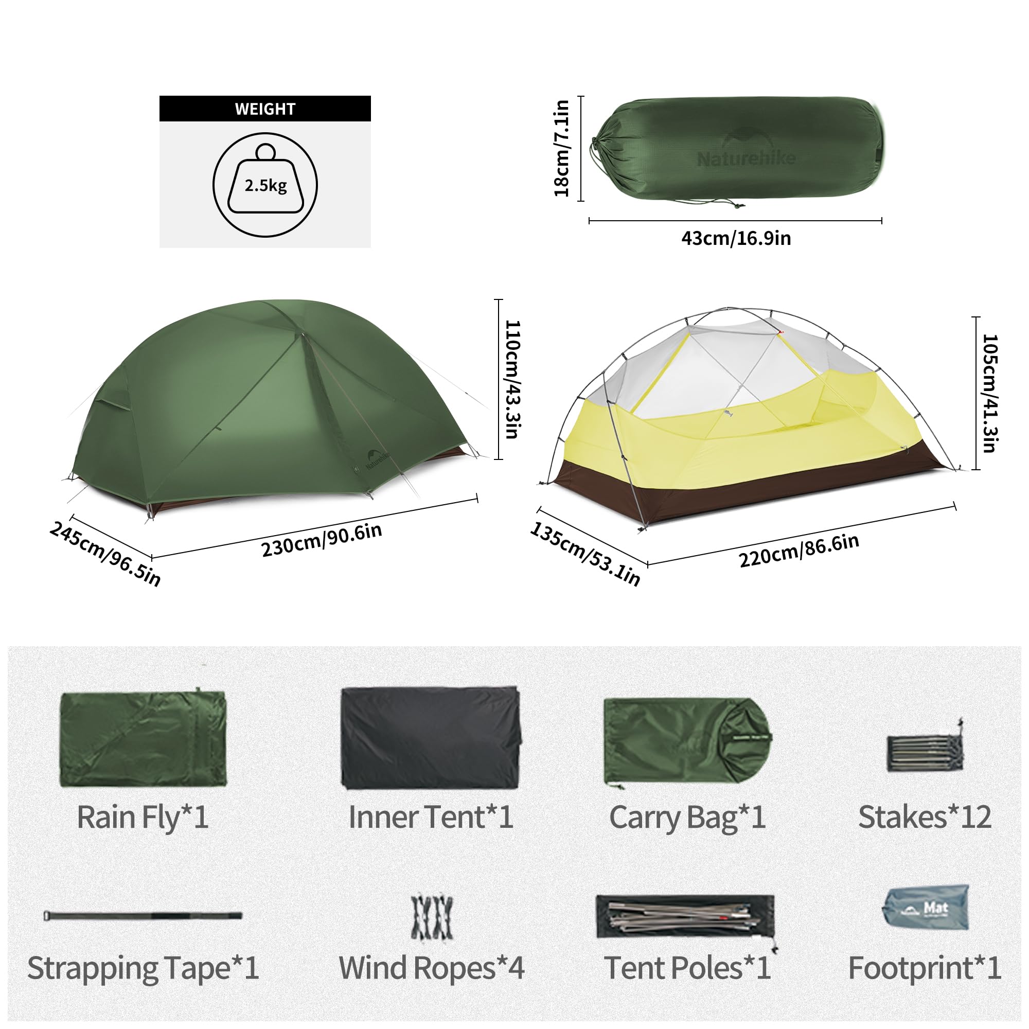 Naturehike Tienda de campaña Mongar Base para 2 – 3 personas, ultraligera, resistente al agua, para senderismo, senderismo