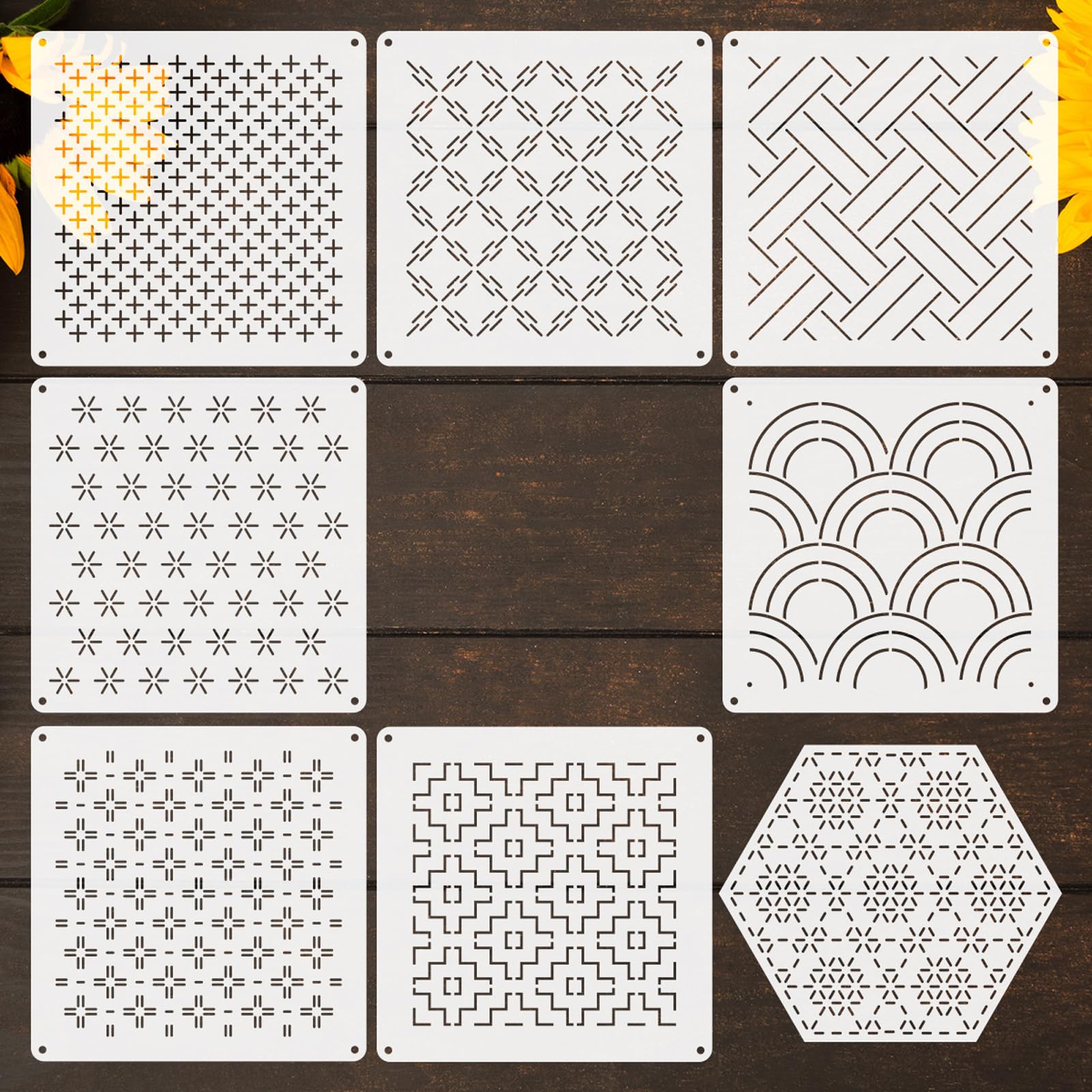Stencil Sashiko,8 Modelli Riutilizzabili in Plastica per Ricamo e Cucito 12,9 x 12,9 cm Motivi Geometrici Ldeale per Lavori Artigianali e Regali
