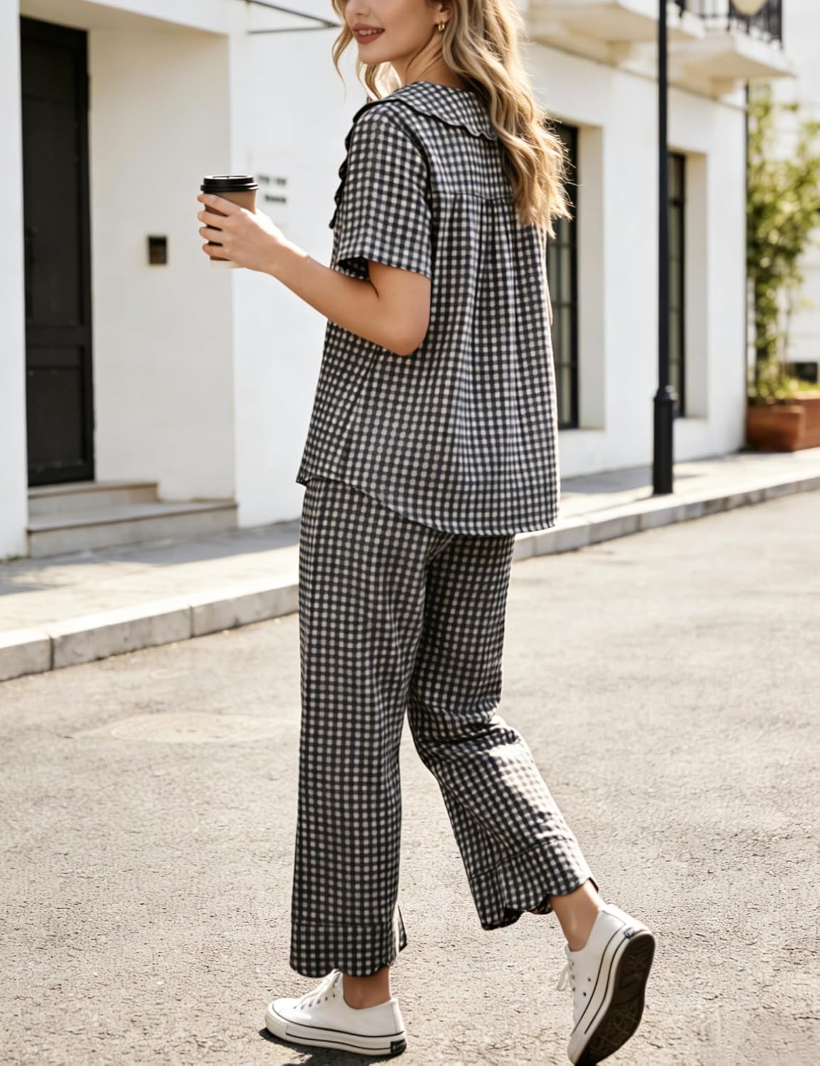 Tanming Womens Gingham 2 Piece Pajamas Sets Puff Sleeve Babydoll Shirt Ruffle Pants Pj Lounge Set Sleepwear - Image 3