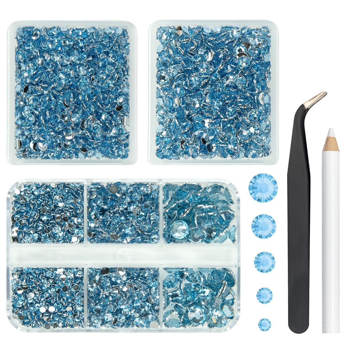 qiipii 3 Boxes 5070PCS Light Blue Resin Crystal Rhinestones for Crafting 2-6mm Flatback Stones Non-Hotfix Diamonds Crystals Gems Charms for Nails Face