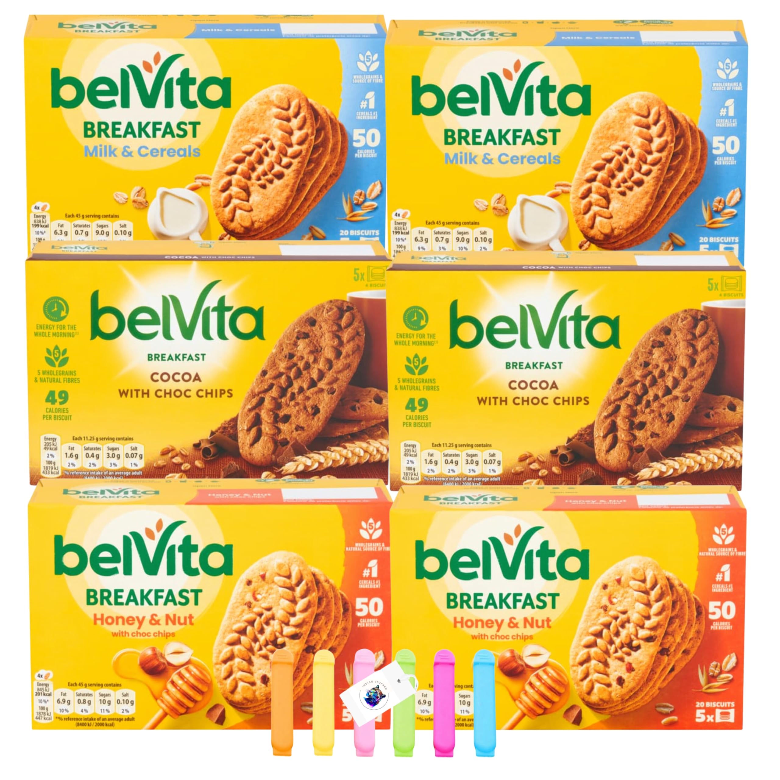 Belvita Breakfast Biscuits Bundle with Indigo Leopard Gifts Sealing Clips Contains Milk & Cereals, Cocoa & Choc Chip, Honey & Nut x120 Biscuits Total