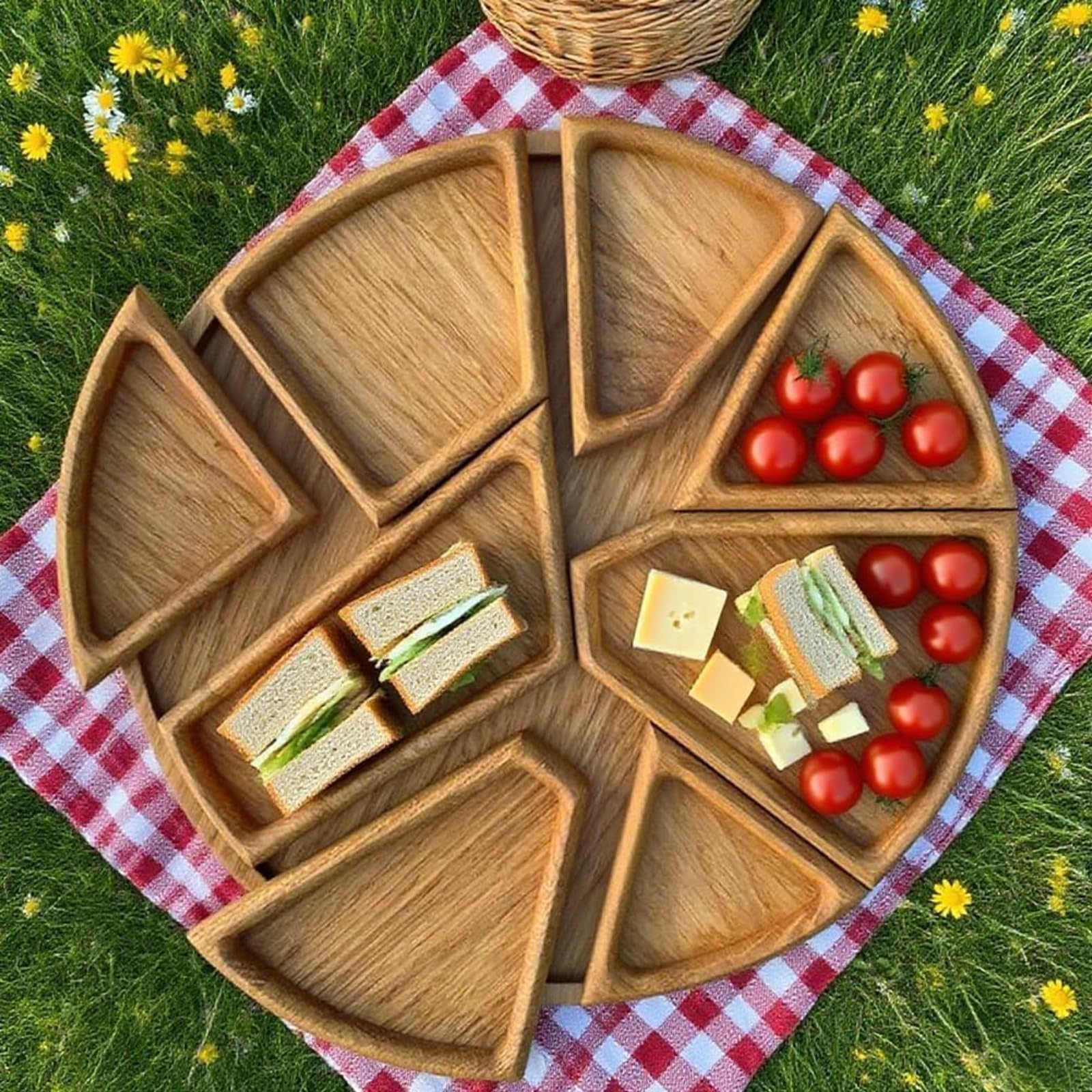 Grand Plateau de Service en Bois avec 8 Compartiments Amovibles, idéal pour Les Fruits, Les Noix, la Viande et Les sauces. Parfait pour la Table Basse, Le Salon et Les Pique-niques (Petit et