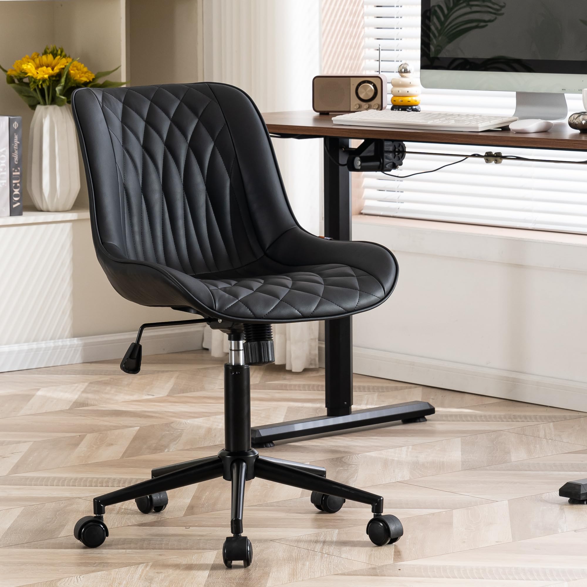 YOUNIKE Black Office Desk Chair Armless Comfy Small Ergonomic Rolling Vanity Chair with Wheels Wide Swivel Adjustable Modern Task Chair Back Cute