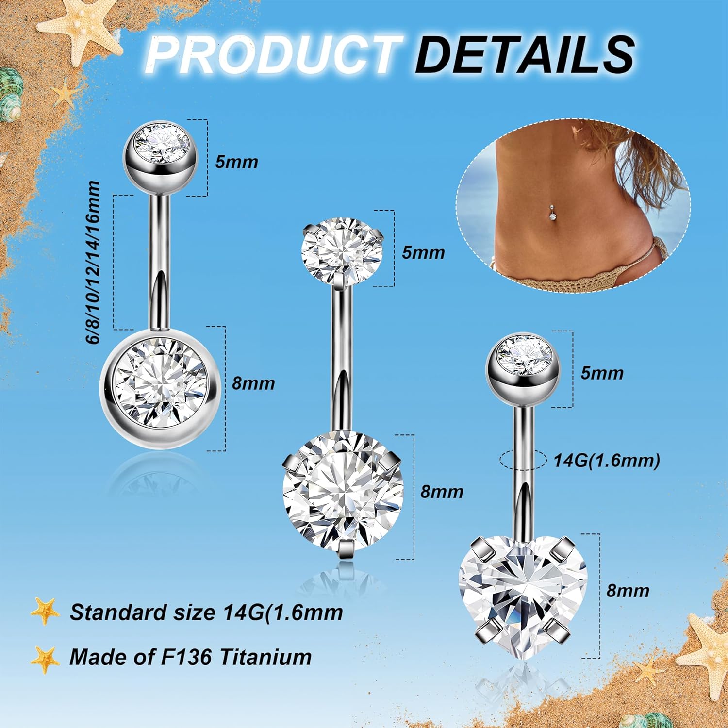 REVOLIA 3Pcs 14G F136 Titanium Belly Button Rings for Women Hypoallergenic Cubic Zirconia Navel Rings Heart Belly Rings Sliver Pretty Belly Piercing Barbells 6-16mm - Image 3