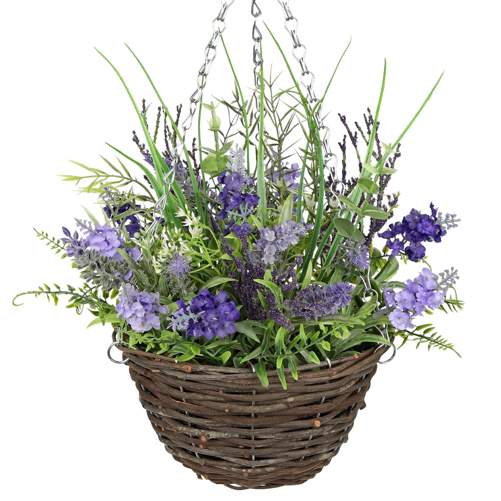 Arborus 50CM Artificial Hanging Basket Fake Lavender Plants with 10" Woven Pot Realistic Silk Flower Hanging Baskets Faux Floral Basket with Greenery for Home Farmhouse Porch Patio Indoor Decor