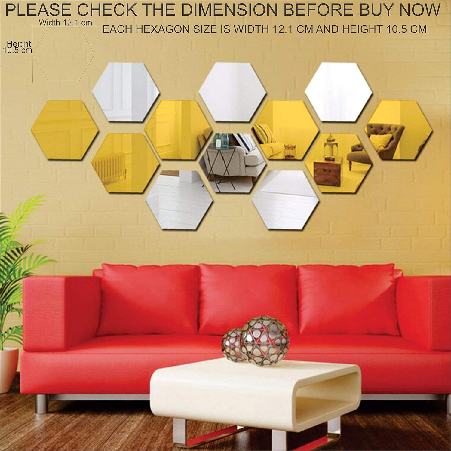 Buy Wall1ders Hexagon 6 Silver and 6 Golden (Pack of 12) Hexagon mirror wall stickers, mirror