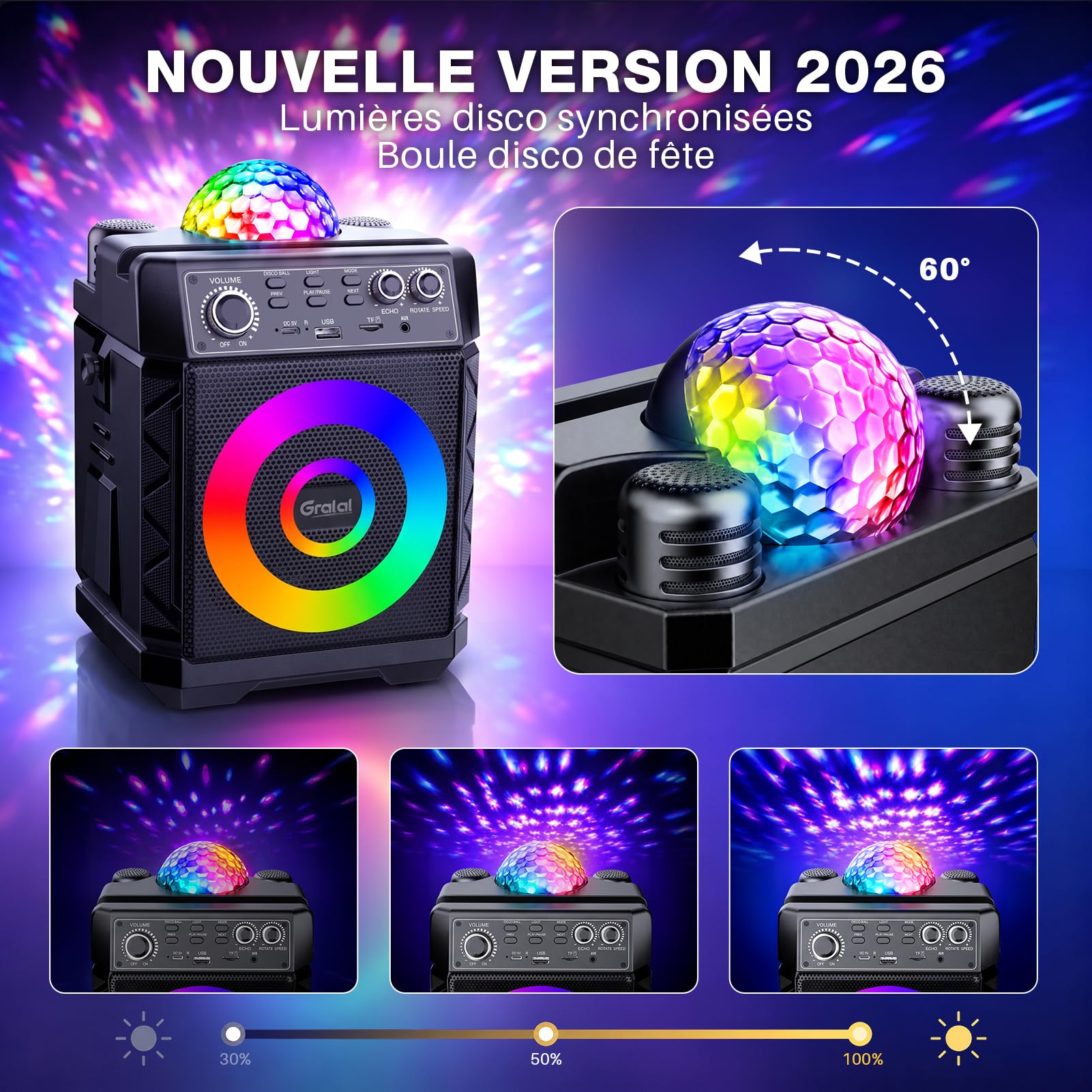 Karaoke Adulte, Lumières Disco & Recharge Magnétique des 2 Micros, Micro Karaoke Enfant Compatible avec TV/Smartphone/AUX/USB pour Les fête, Les Anniversaire, Les Voyage