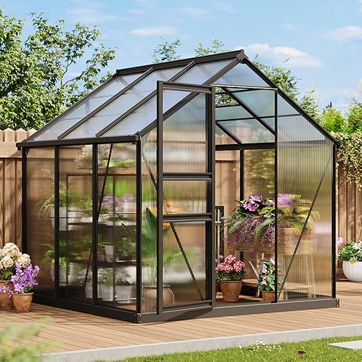 Greenhouse, 6×6FT Greenhouses for Outside, Polycarbonate Greenhouse with Aluminum Frame, Lockable Door and Ajustable Roof Vent for Backyard, Green Houses for Outside Garden Backyard, Patio
