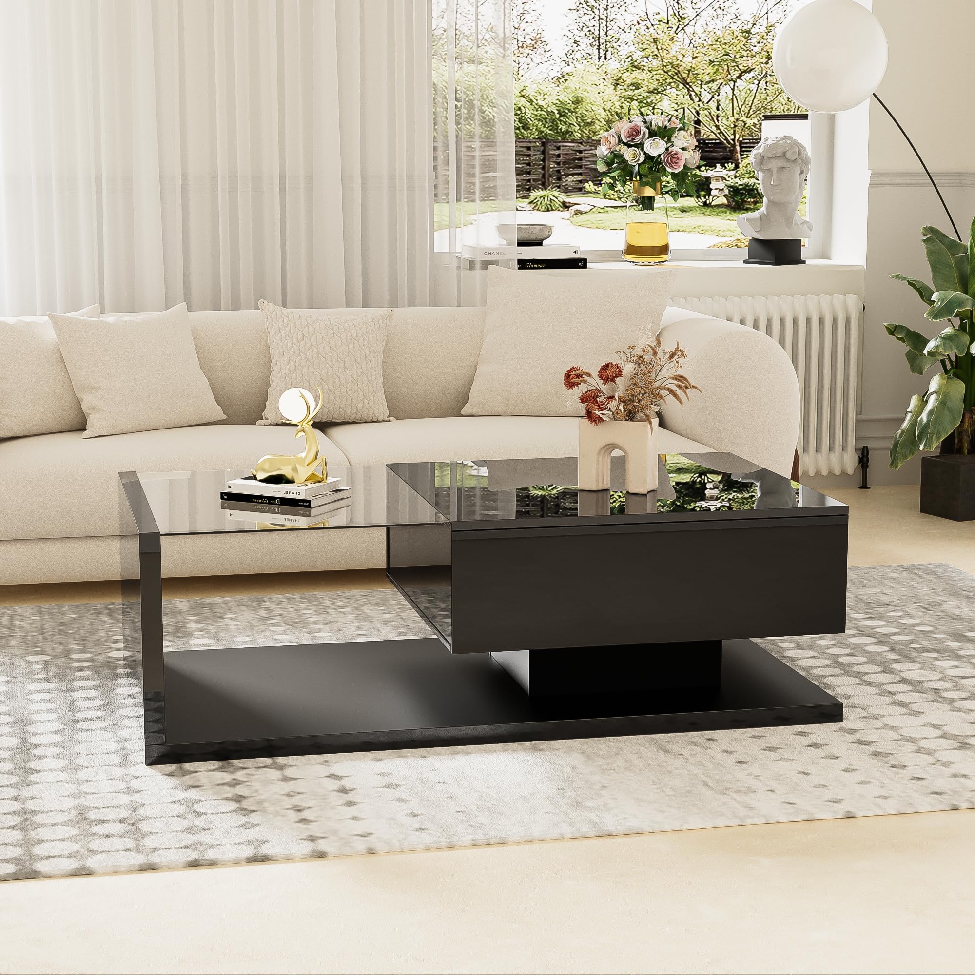 Soweiz - Tavolino da caffè con finitura lucida, spazio di archiviazione e luci a LED, tavolo da salotto, tavolo centrale per soggiorno (nero, 105x55x32,5cm)