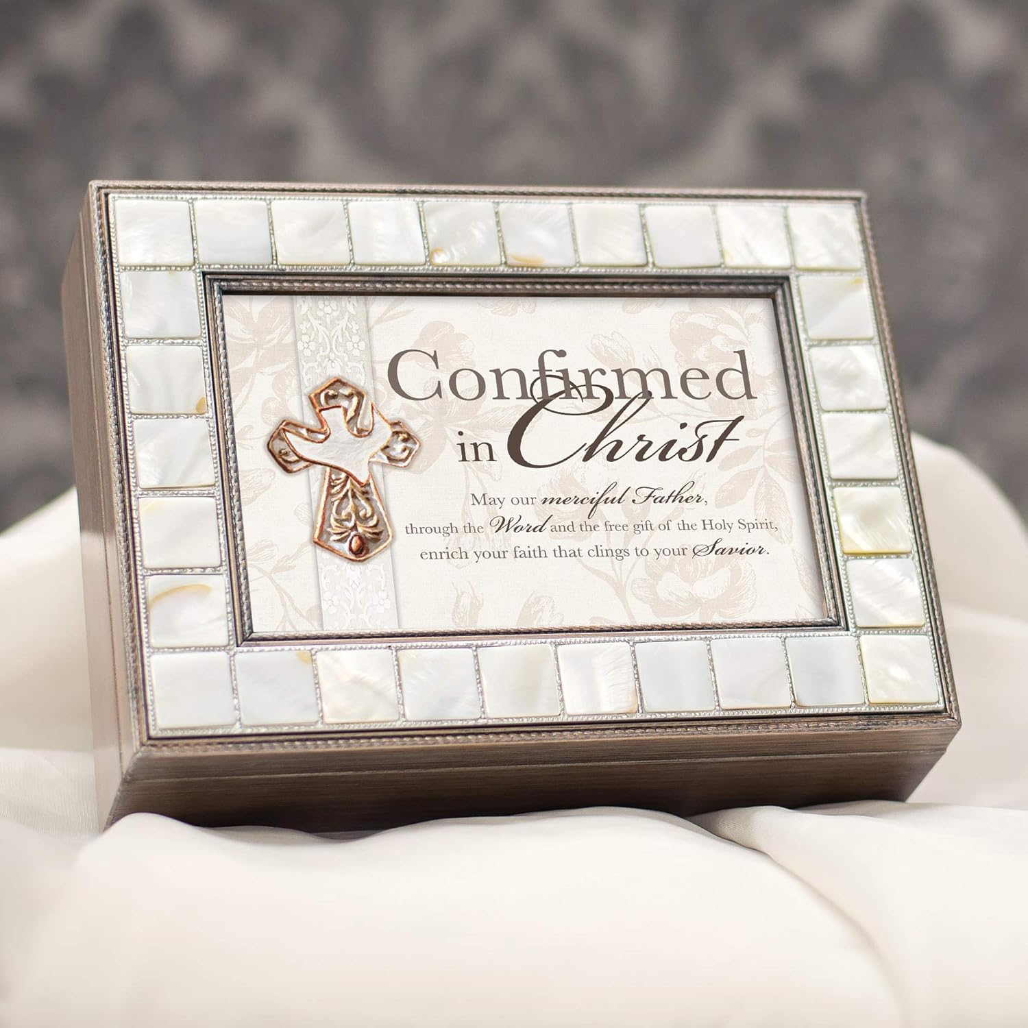 Cottage Garden Confirmed in Christ Merciful Father Savior Mother of Pearl Pewter Music Box Plays On Eagle's Wings