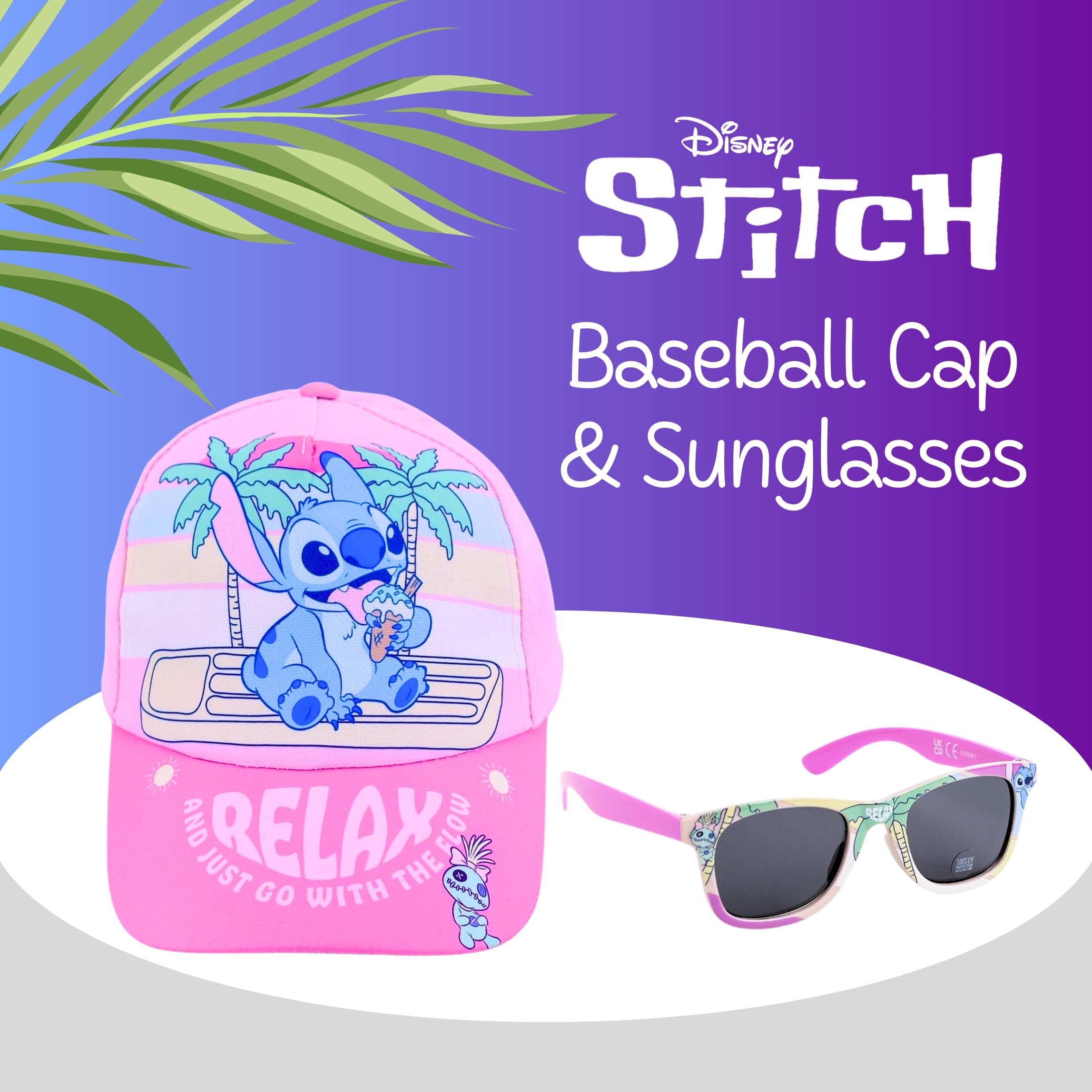 Disney Stitch Gorra y Gafas de Sol para Niñas, Gafas de Sol Protección UV, Gorra de Verano, Gorro de Beisbol Infantil