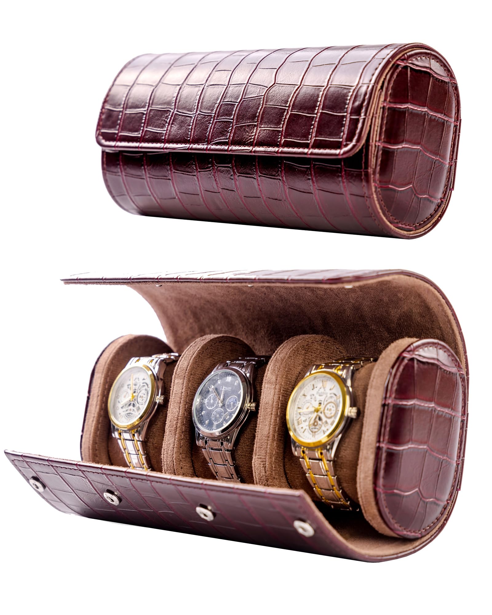 Estuche de viaje para 3 relojes MR.OKAY: estuche clásico color burdeos con una magnífica textura de cuero. (Estuche enrollable o organizador portátil para guardar y exhibir relojes). Regalo ideal pa