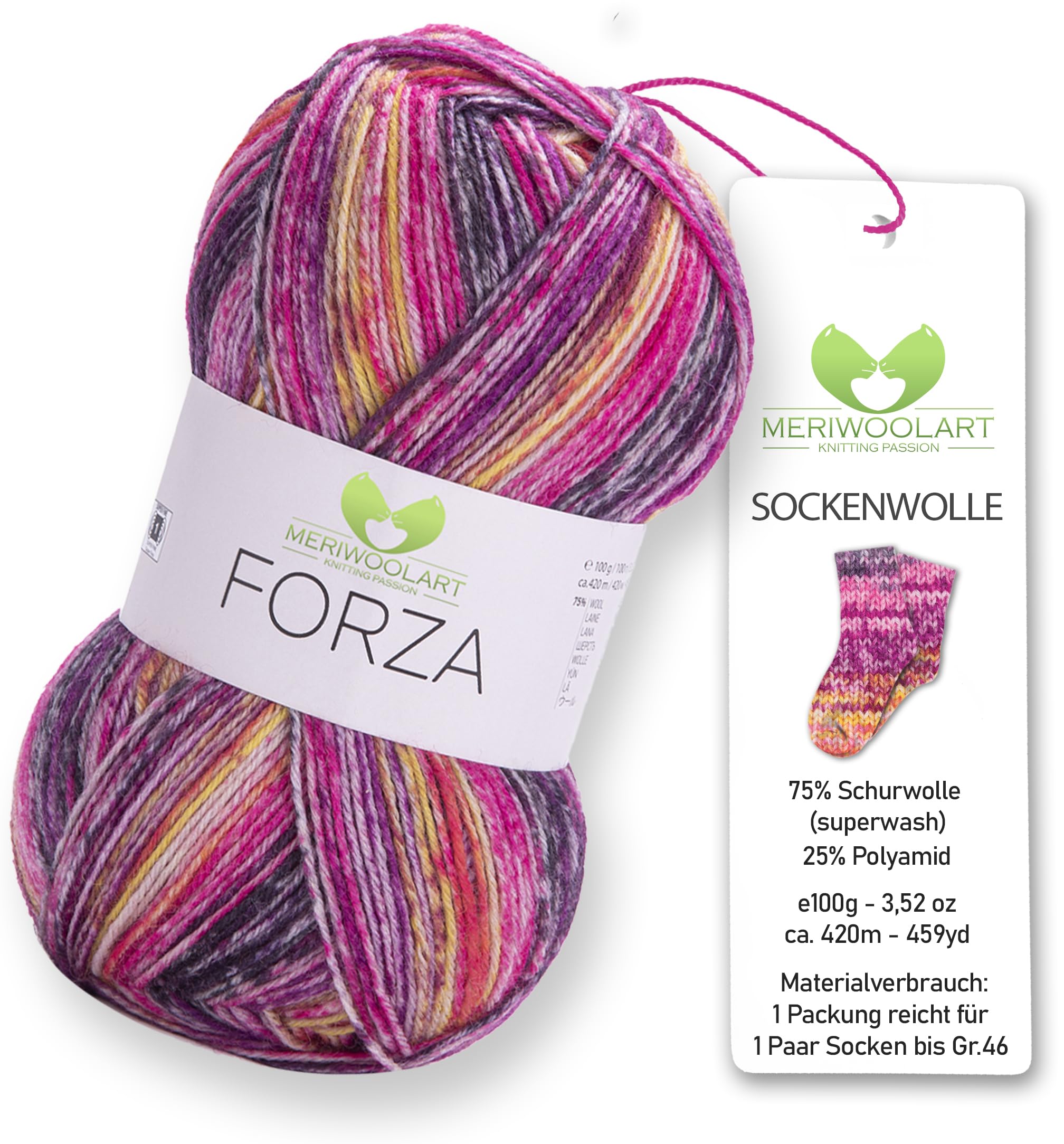MeriWoolArt® Sock Yarn with 4 Threads – 100g Merino Wool Yarn for Knitting & Crocheting, 75% Virgin Wool (superwash), 25% Polyamide, 420m – Ideal for Socks for Men and Women, Pullovers & Cardigans — image 1