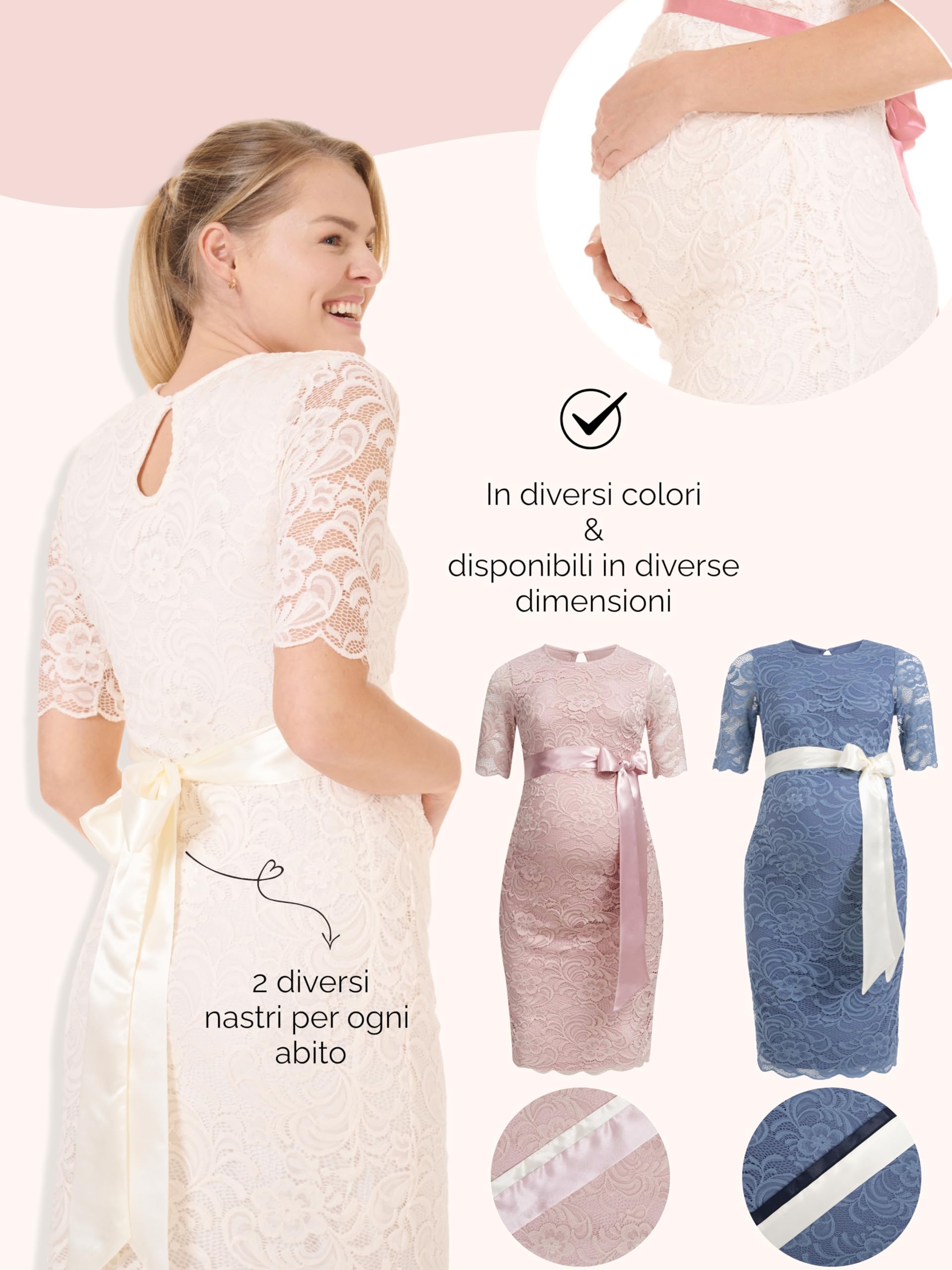 Herzmutter Abito Premaman Elegante – da Donna - Abito Gravidanza al Ginocchio – Girocollo - per Matrimonio e Occasioni Festive - Crema-Champagne-Blu-Rosso-Rosa – 6200