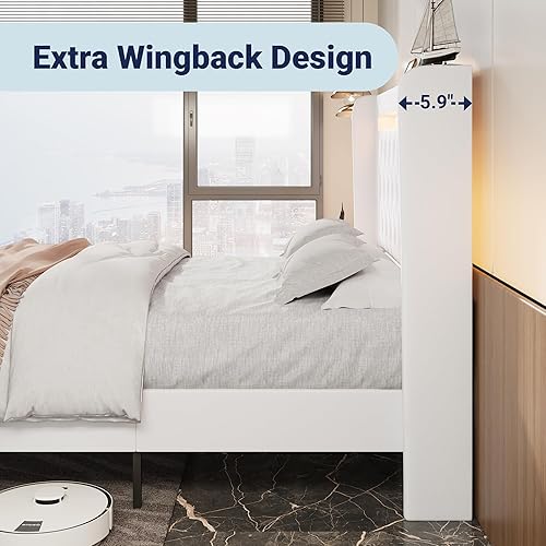 Miniatura 9 de Allewie Base de cama con plataforma tapizada tamaño Queen con luz LED y estación de carga, cabecera alta con botones acolchados, diseño de respaldo