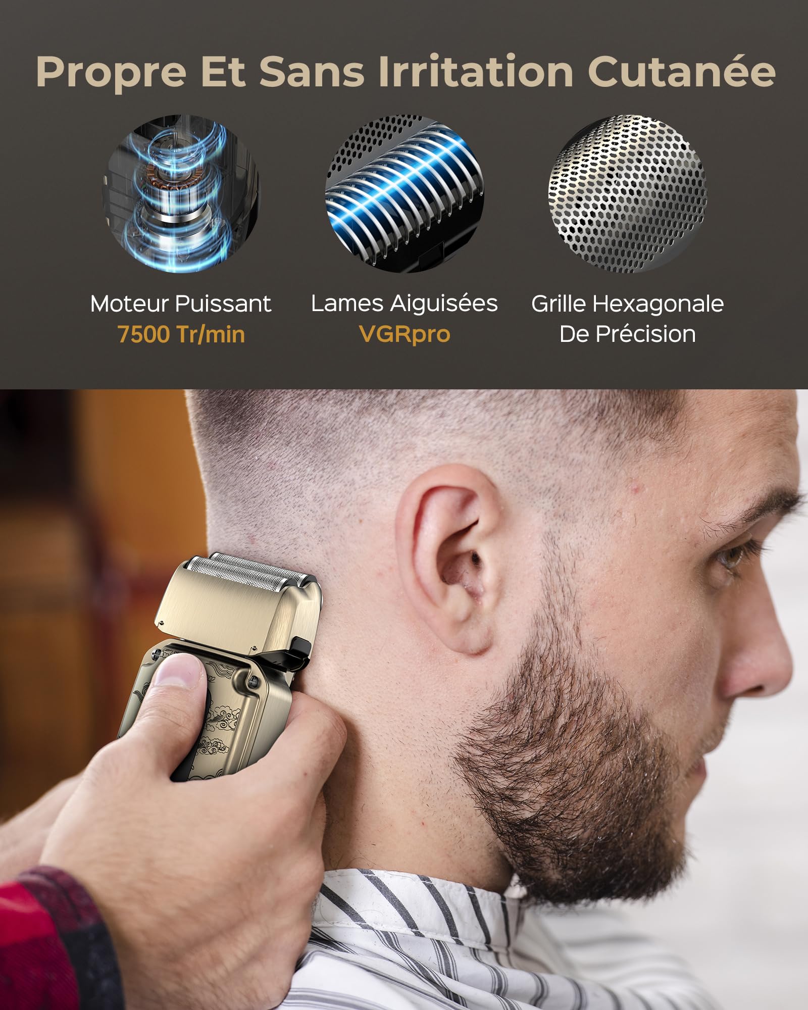 VGRPRO kit tondeuse cheveux hommes, barbe, Rasoir Electriques Imperméable à Grille, Tondeuse Cheveux Sans Fil, Réglage à 4 Vitesses, Affichage LED de la Batterie,Utilisation en Barber (Gloden)
