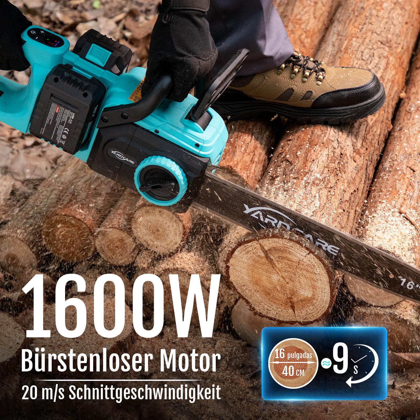 YARDCARE Akku-Kettensäge 16 Zoll, 1600 W Brushless-Motor, Kettengeschwindigkeit 21 m/s, mit LED-Display und 2× 4-Ah-Akkus, werkzeuglose Kettenspannung und automatische Schmierung