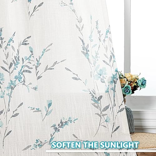 Miniatura 7 de MYSKY HOME Cortinas de sala de estar de 108 pulgadas de largo para ventanas, cortinas de lino traslúcido mezclado con estampado floral, privacidad