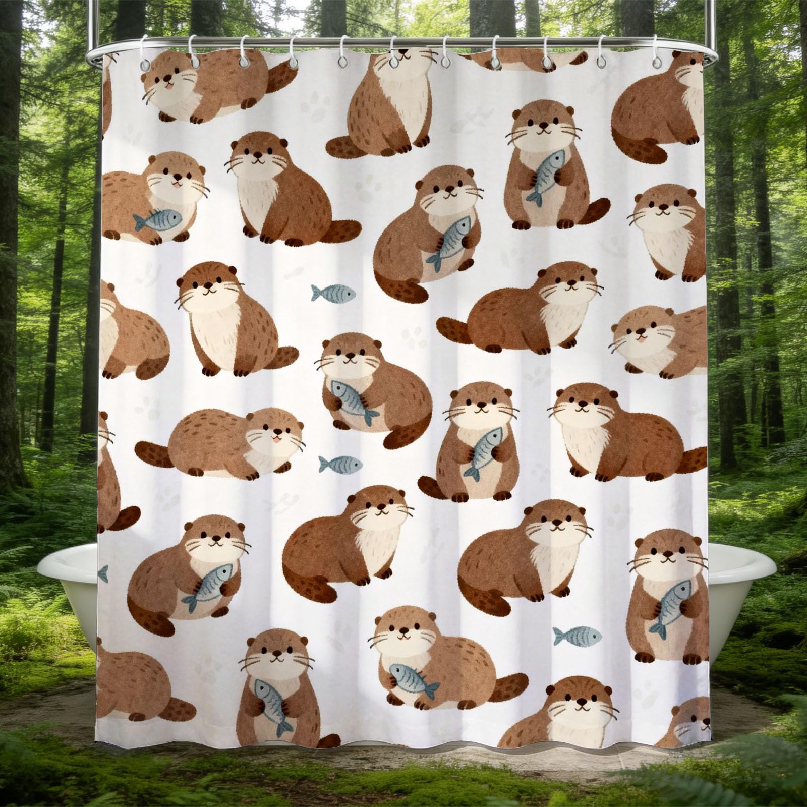 Hongduo White 3D Otter Motif Shower Curtain For Stalls Bathtubs Watercolor Style Bathroom Decor Shower Curtain Set Polyester Fabric Waterproof 120X180cm/48X71 Inch With Hooks