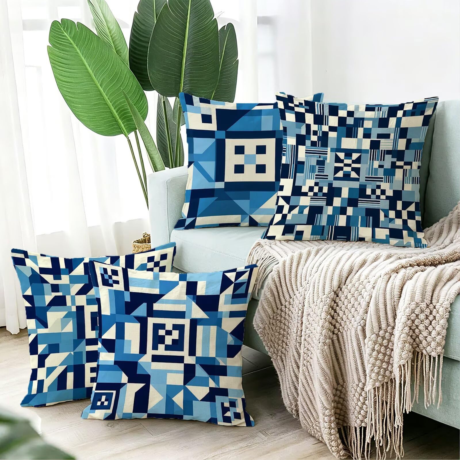 Blu Federe Cuscini Divano 60x60cm, Cuscini da Esterno Set de 4, Cod-47 | Velour Copricuscini Decorativi Letto Arredo, per Letto, Soggiorno, Giardino, Esterno, Casa Decorazione Set di 4 Geometria