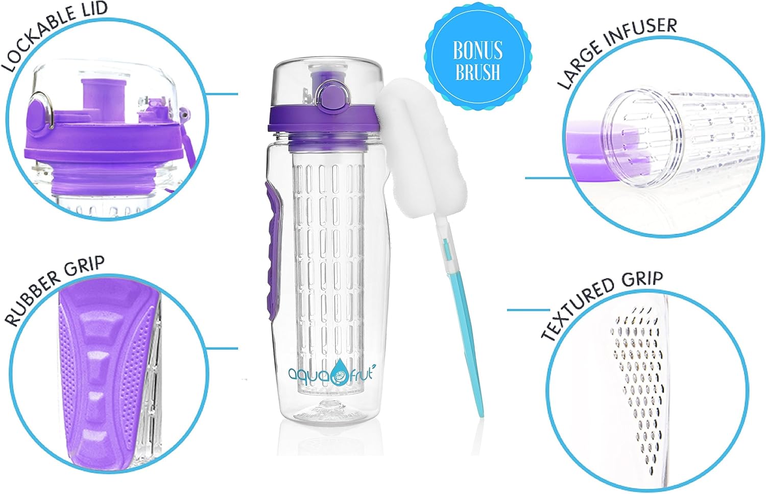AquaFrut 32 OZ Fruit Infuser Water Bottle BPA-Free Fruit Infusion Sports Bottle - Flip Top Lid w Drinking Spout, Leak Proof, Made of Durable Tritan. Free Recipe eBook! (Purple) - Image 2
