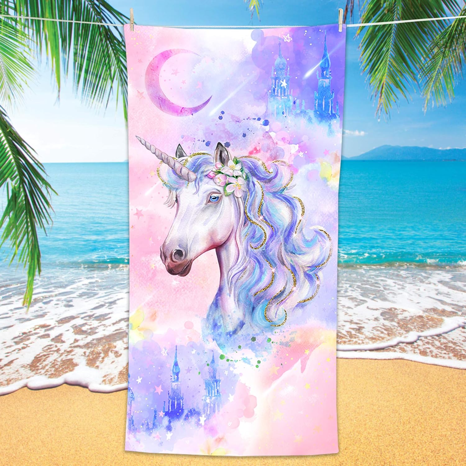 Bonsai Tree Unicorn Microfiber Beach Towel, Kids Quick Dry Watercolor Beach Blanket Oversized Clearance 30" x 60", Magic Castle Cute Sand Proof Bath Towels for Girls Travel