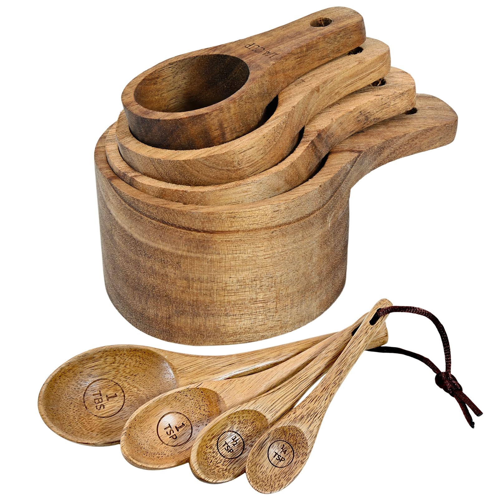 Wooden Measuring Cups and Spoons Set - Eco-Friendly Solid Acacia Wood, Laser Engraved Measurements for Precision, Perfect for Baking & Cooking, Ideal Gift for Bakers, Chefs & Home Cooks (Brown)