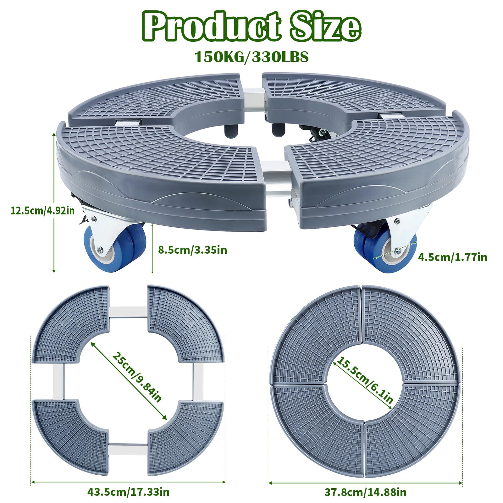 K KASONIC Pack de 2 Supports Roulants 150kg Réglable 37-43cm pour Pots | Plateau à Plantes avec 4 Roulettes, pour Intérieur et Extérieur, Inclut 5M de Liants Végétaux Déchirables