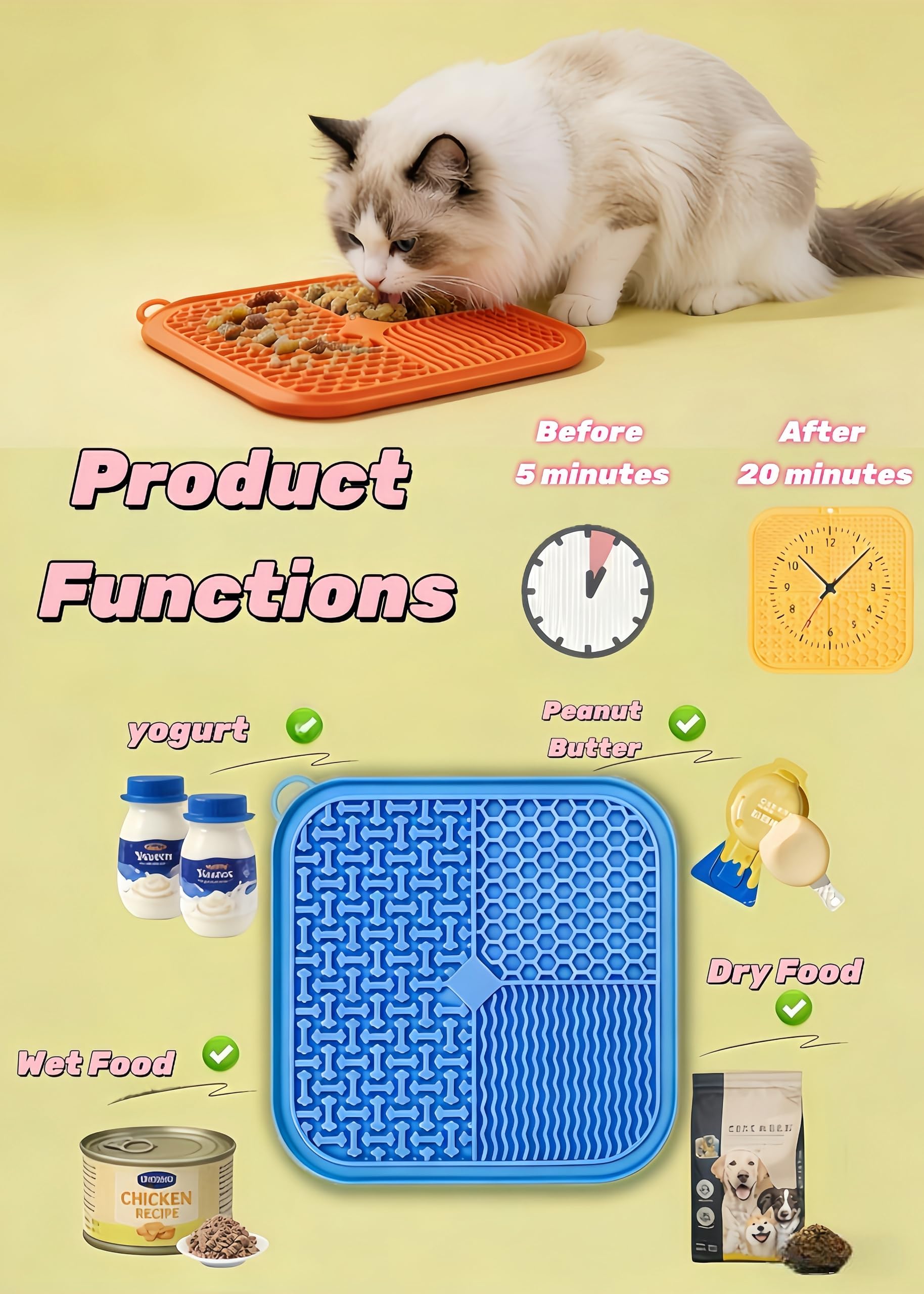 Confezione da 2 tappetini per cani e gatti, in morbido silicone, forte ventosa, divisori multifunzionali per alleviare l'ansia (arancione e blu)