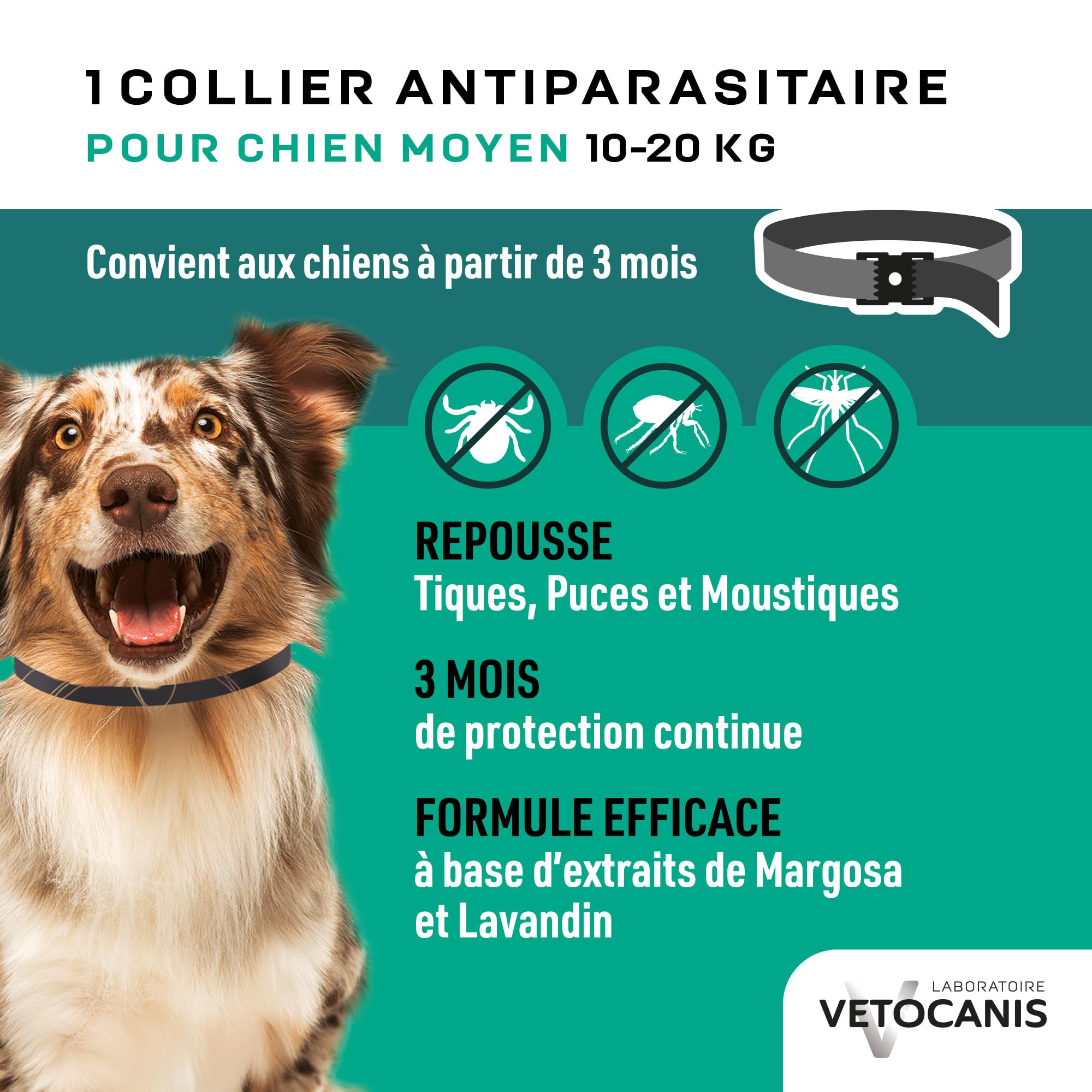 Vetocanis, Collier Anti Puces pour Chien, Répulsif Puces, Tiques, Moustiques, Protection 3 mois, Antiparasitaire Chien de 10 à 20 kg, Aux Extraits de Margosa et Lavandin