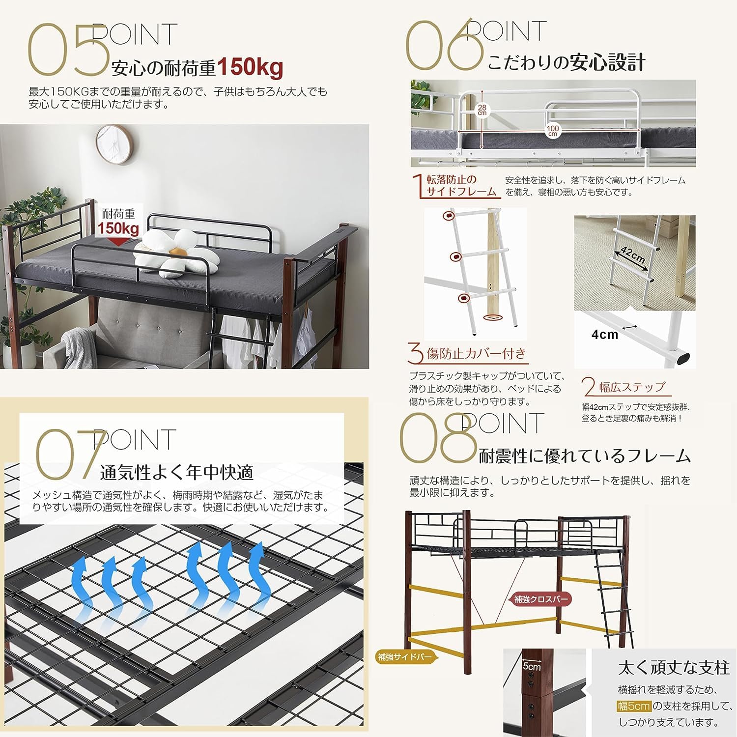 ロフトベッド シングル 高さ140cm ハンガーポール付き Amazon｜ロフトベッド パイプベッド シングル 耐荷重150kg 高さ