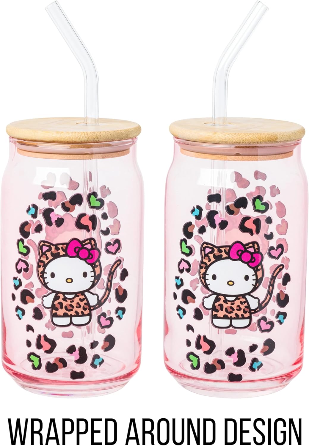 Silver Buffalo Sanrio Hello Kitty in Leopard Print Outfit and Leopard Cat Print Pattern Pink Glass Jar Tumbler with Bamboo Lid and Glass Straw, 16 Ounces - Image 5