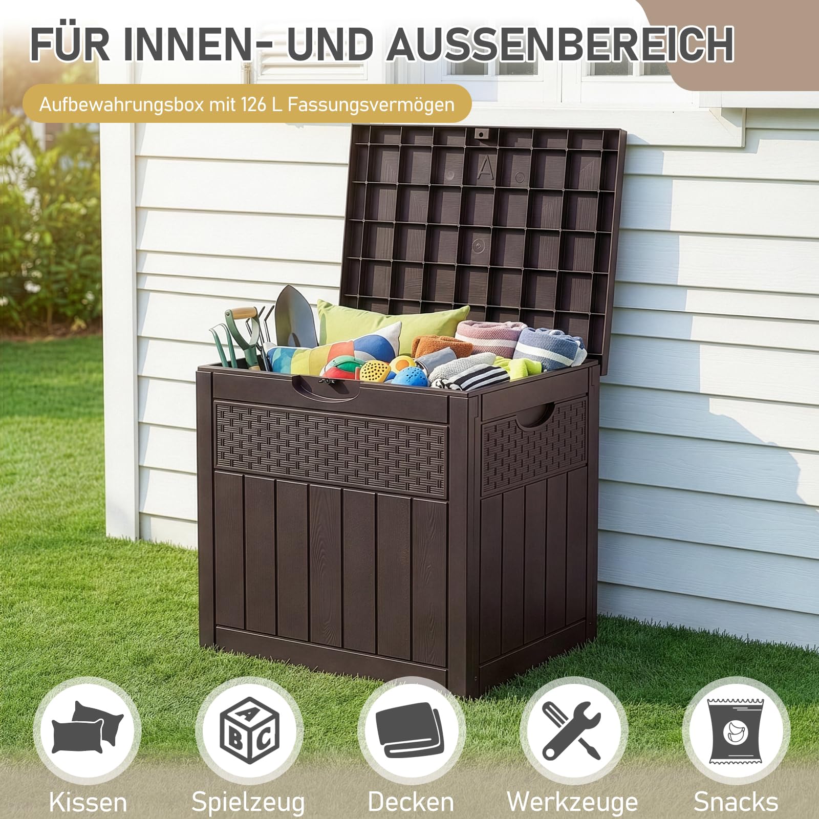 Gartenbox wasserdicht, 126L Outdoor Aufbewahrungsbox für Gartenmöbel, Poolzubehör und Werkzeug, 56 x 53 x 43 cm, Braun