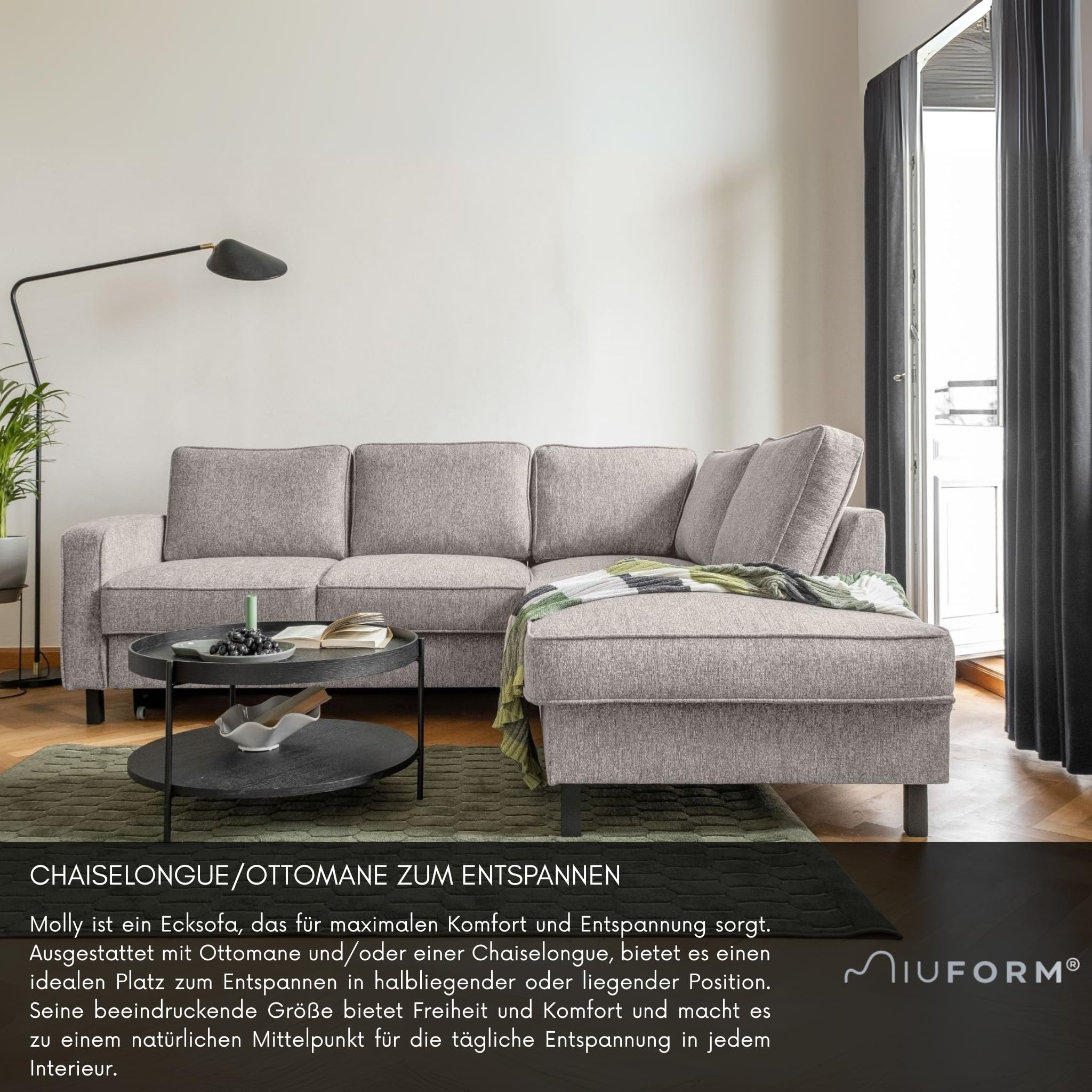 MIUFORM Molly L, 6 Sitzer Ecksofa mit Schlaffunktion, Rechts, Salz&Pfeffer