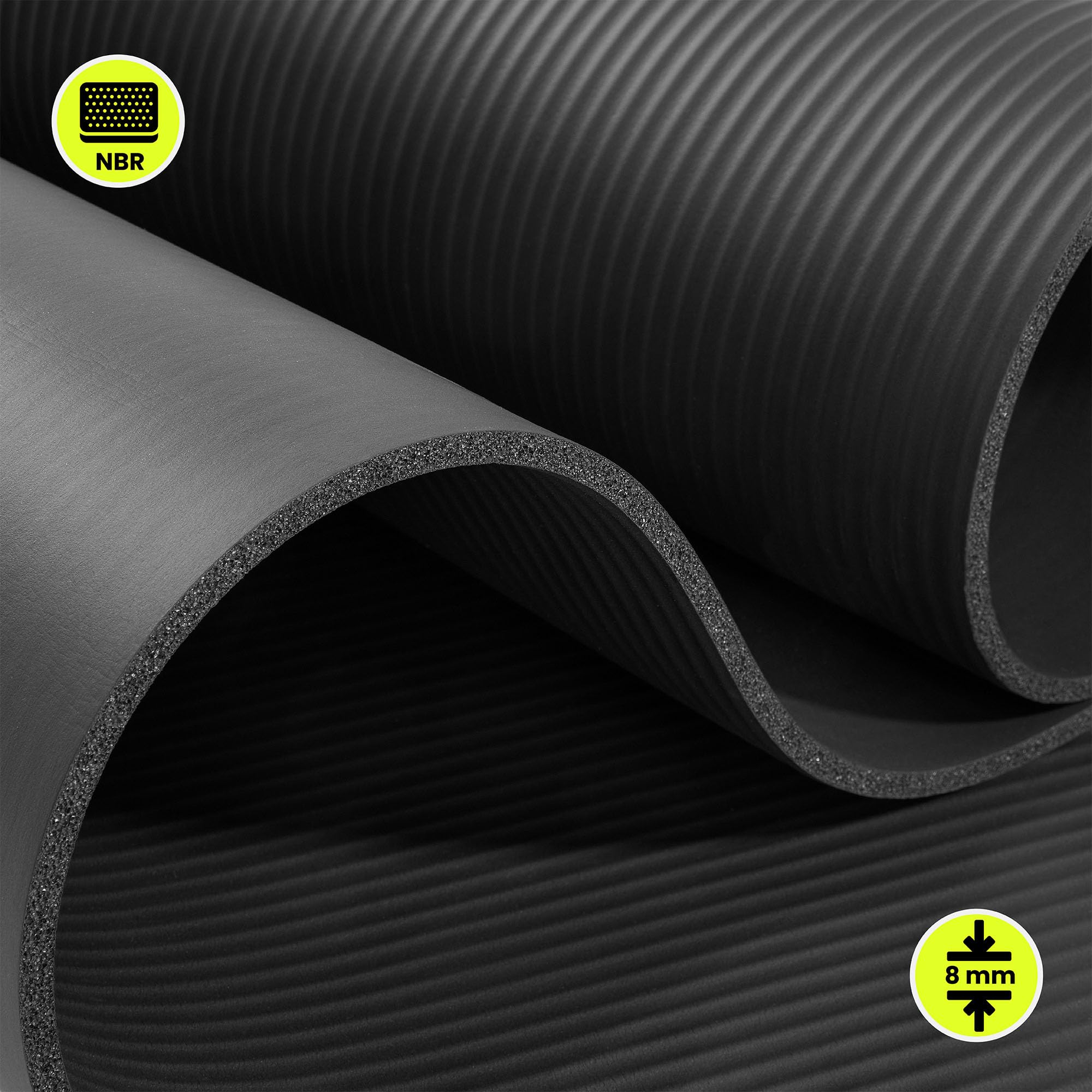 HyperMotion Mata do Ćwiczeń Fitness i Jogi NBR 183x61x0,8 cm Czarna, Antypoślizgowa, 8 mm, z Paskiem do Ćwiczeń i Przenoszenia, do Jogi, Pilatesu i Stretchingu
