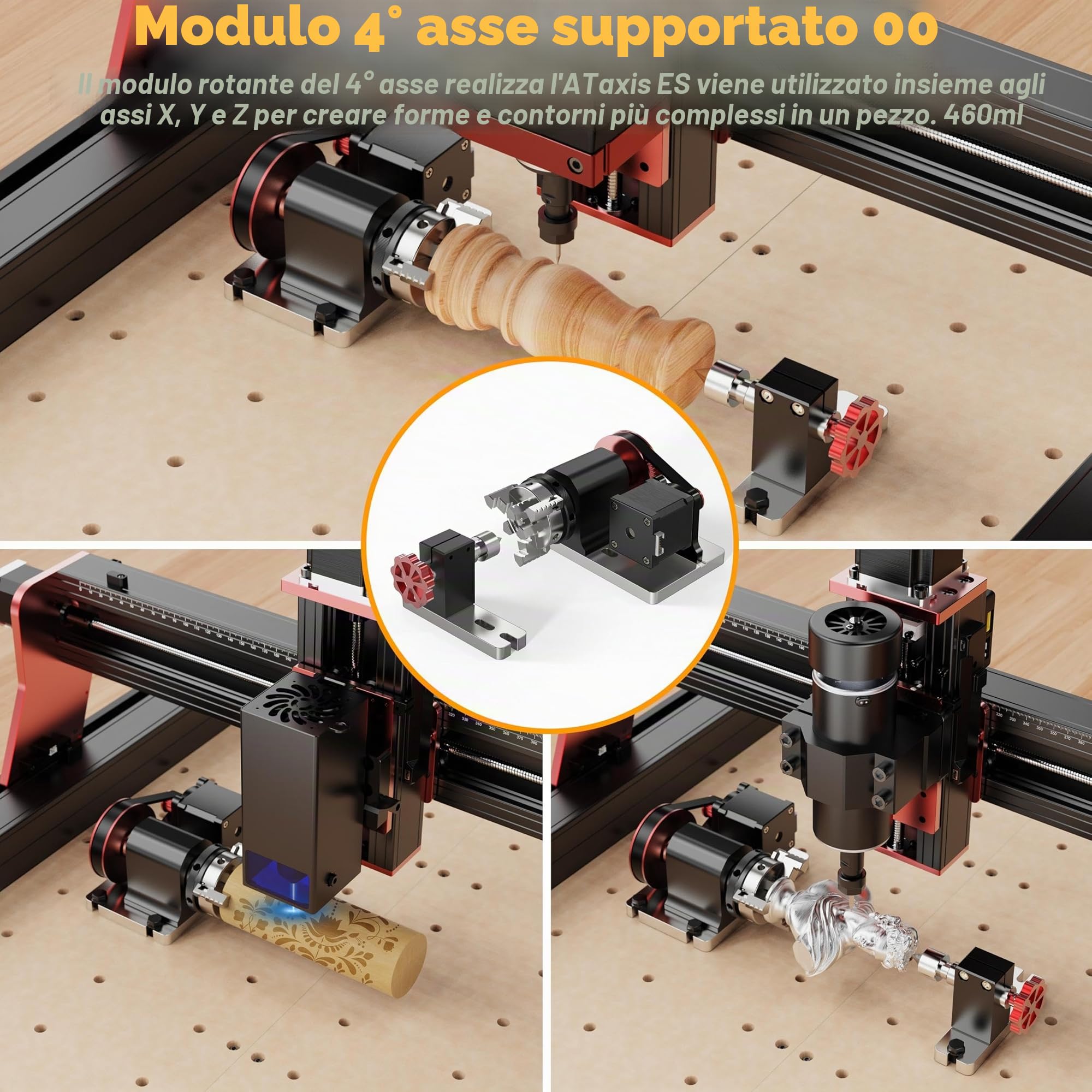 Twotrees TTC450 Pro 500W Motore CNC Router, 4 Assi, Gamma di lavoro CNC 460 x 460 x 80 mm per incisione, taglio MDF, acrilico, legno massello, nylon, PCB con moduli a 4 assi