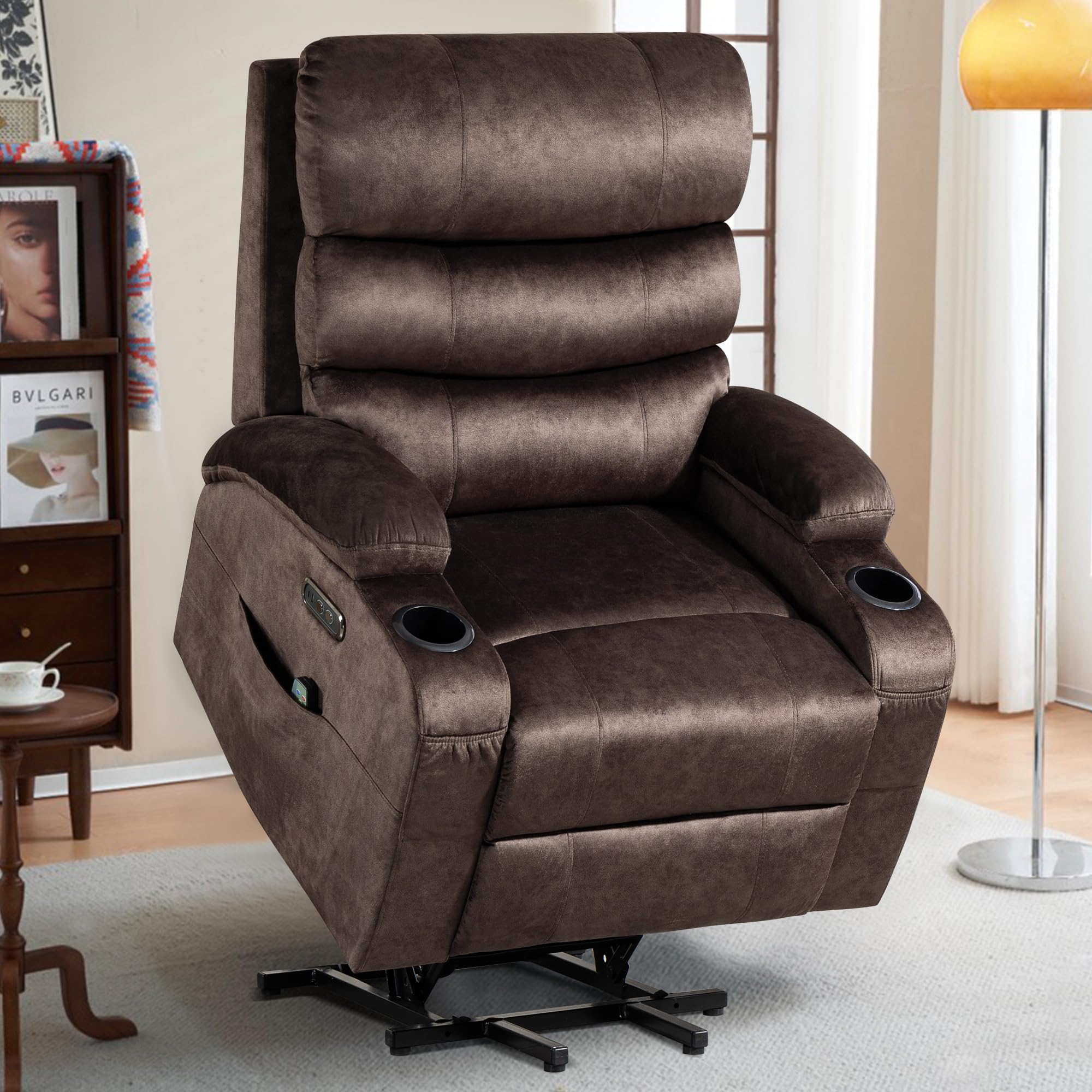 Elektrischer Aufstehsessel für Senioren, Relax- & Fernsehsessel mit Aufstehhilfe, stufenloser Liegefunktion, Massage & Heizfunktion, USB & Typ-C, Seitentaschen, Getränkehalter (Braun)