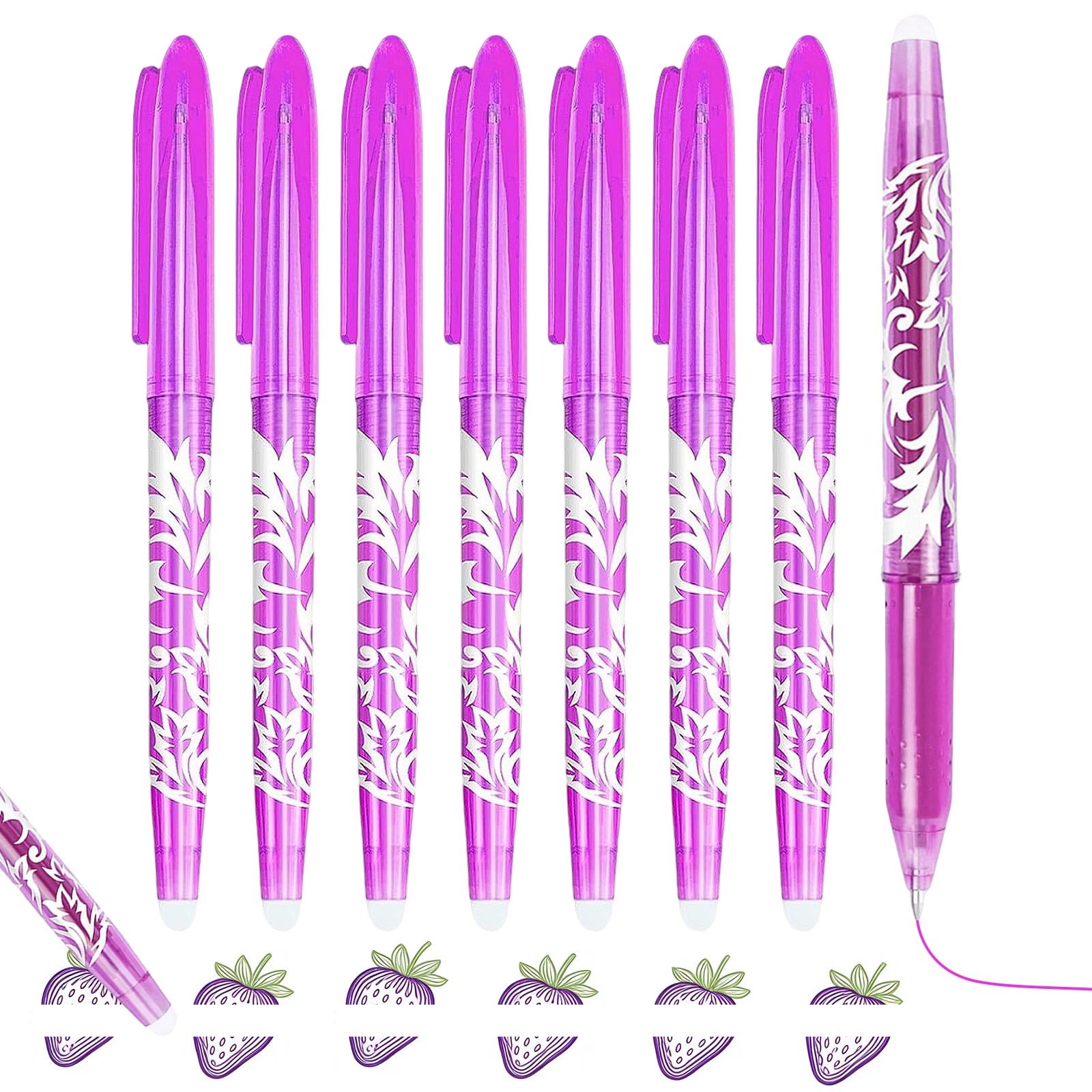 Solvind 8 Pack Purple Erasable Pens, Rub Out Erasable Gel Biro with Eraser on the End, Smooth Writing Purple Ink Eraser Pens for Student Homework, Note Taking, Journaling, School Office Daily Writing