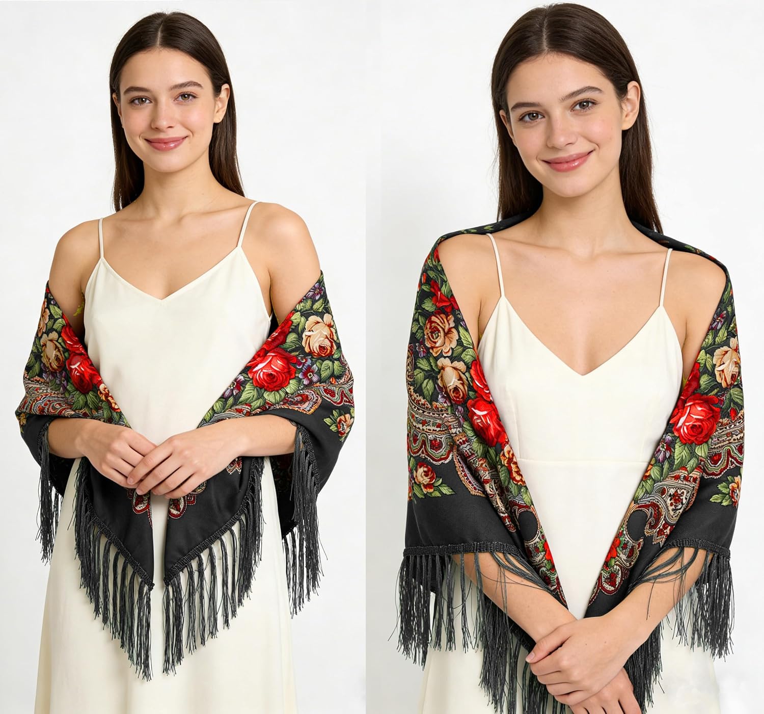 Russian Style Muffler Warm Scarf with Tassel Women's Traditional Scarf Wrap Shawl Fringes Printing Cape