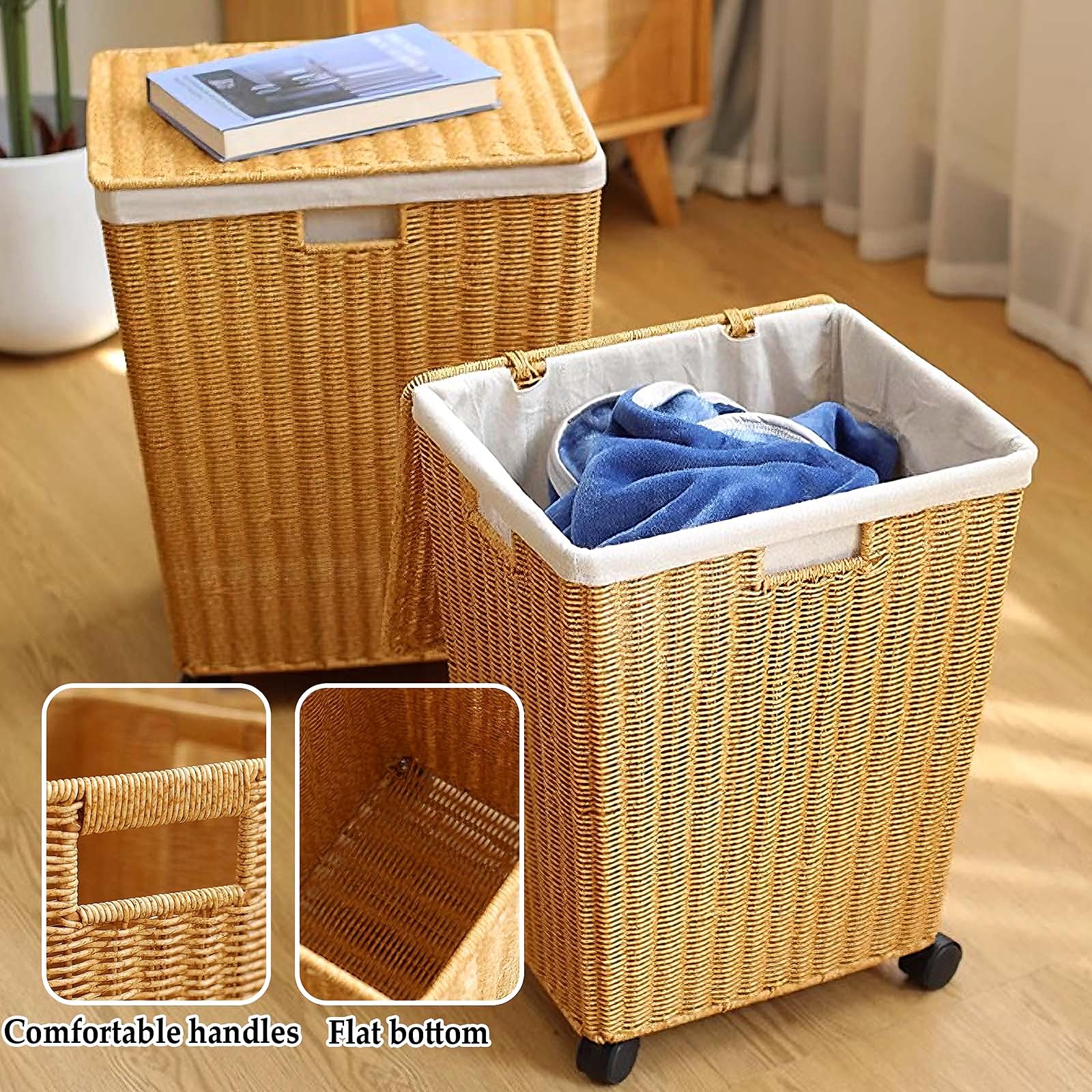 Cesto portabiancheria con ruote e coperchio, cestino intrecciato in finto rattan per soggiorno, bagno, camera da letto e balcone, facile da spostare e organizzare