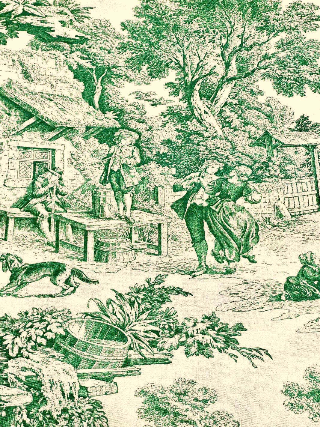 Tkanina Toile De Jouy jest sprzedawana na metry, różne kolory | Wyprodukowano we Włoszech | 100% bawełna | Wysokość 180 cm (zielony 12, 1 metr x 1,80 m wysokość)